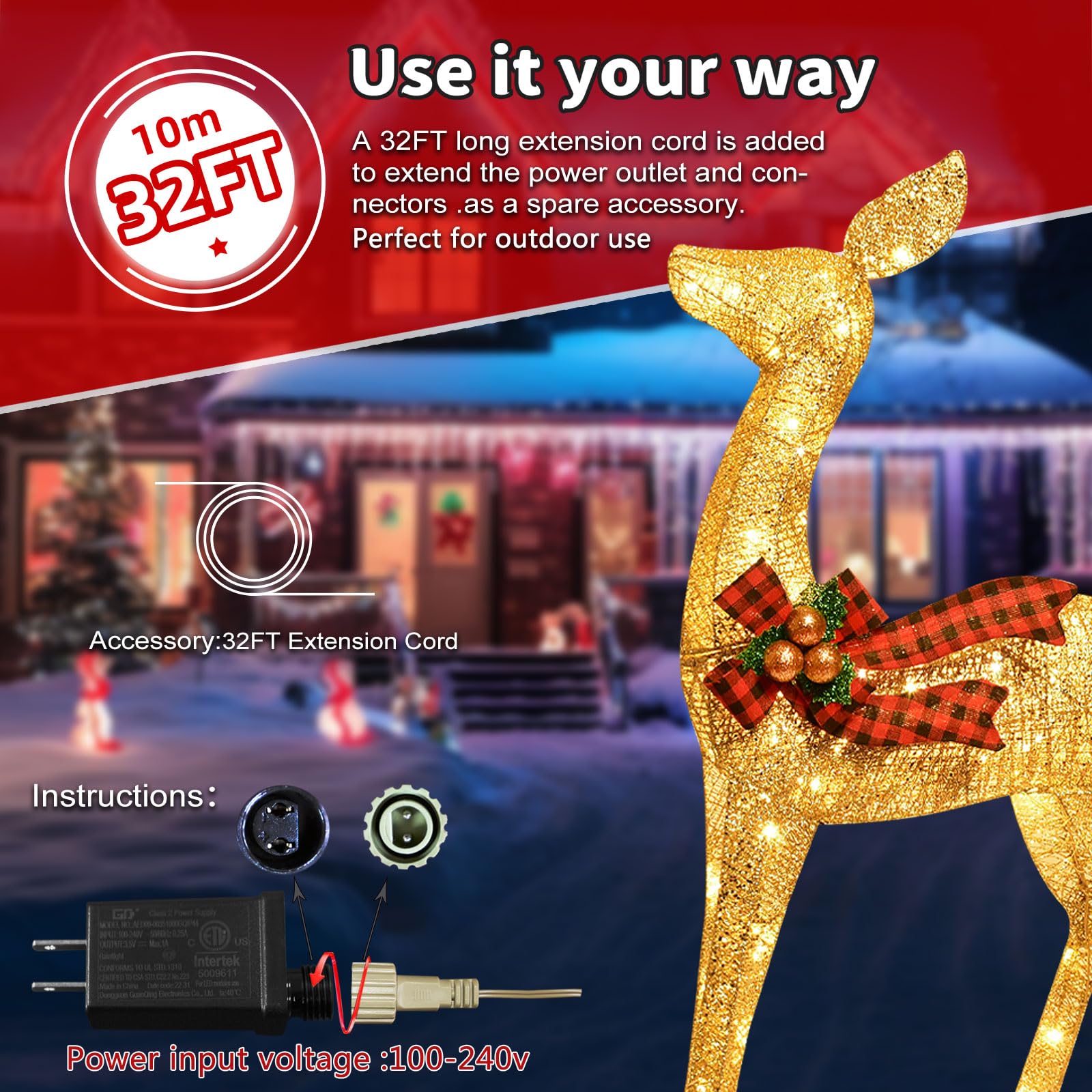 Beleuchtete Weihnachtsdekoration Deer 3 Stücke, Beleuchtete Weihnachtsdekoration Reindeer Familienset für Indoor Outdoor Vorderveranda mit LED, Stecker, Verlängerungskabel, Bodenpfähle, Gold