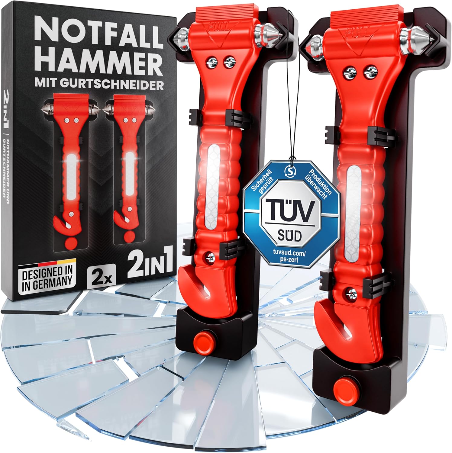 Nothammer Auto mit Gurtschneider TÜV GS Zertifiziert [2er Set] - Notfallhammer mit gehärteten Spitzen und Reflektoren - Notfall Hammer, Sicherheitshammer mit Gurtmesser