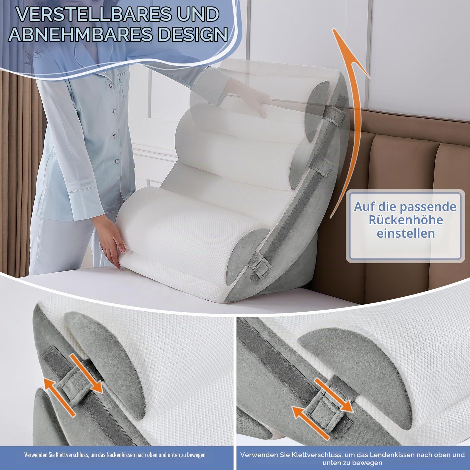 9PCS Orthopädische Bett Keil Kissen Set,Post Chirurgie Schaum Kissen für Körper, Rücken und Beine Schmerzlinderung,Justierbare Stützkissen mit Säure Reflux Bed Wedge Memory Foam Durchgehend dunkelgrau