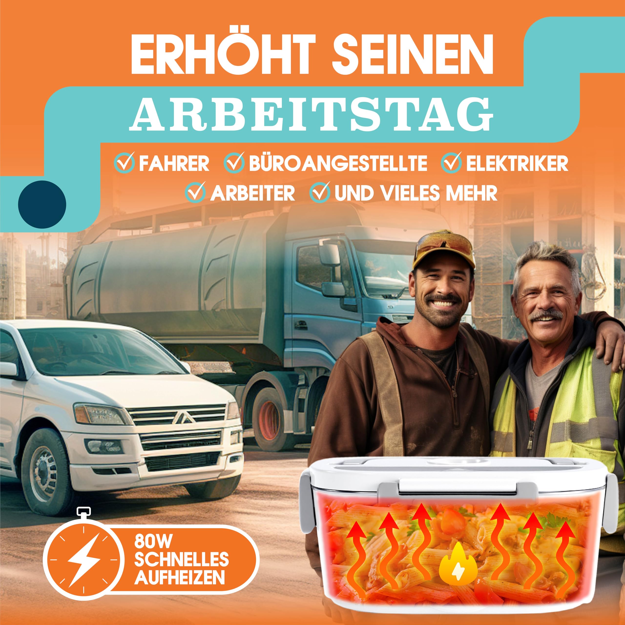Elektrische Lunchbox 80W Selbsterhitzende Dosen, 1,5L Heat Box 3-in-1 Electric Lunch Box, Essen Aufwärmen Unterwegs 12V/24V/220V, für Arbeit Auto Lkw Lunchbox Elektrisch, Thermal Lunch Box