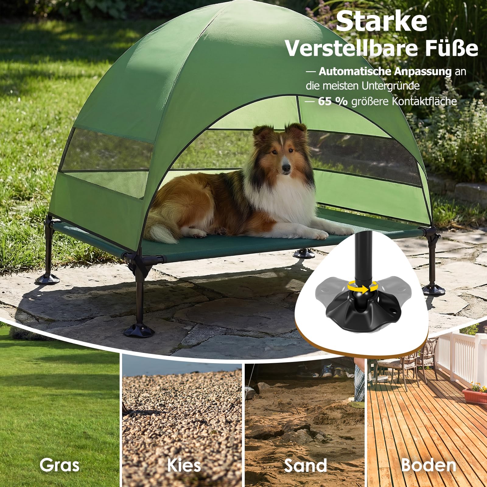 Erhöhtes Hundebett Outdoor mit UV-beständiges Dach，Hundeliege Klappbar mit Anti-Rutsch-Füßen, Hundezelt Outdoor mit Großem Schatten, Kühlendes ErhöHtes Hunde Bett für Camping, Garten & Pool (Grau, L)