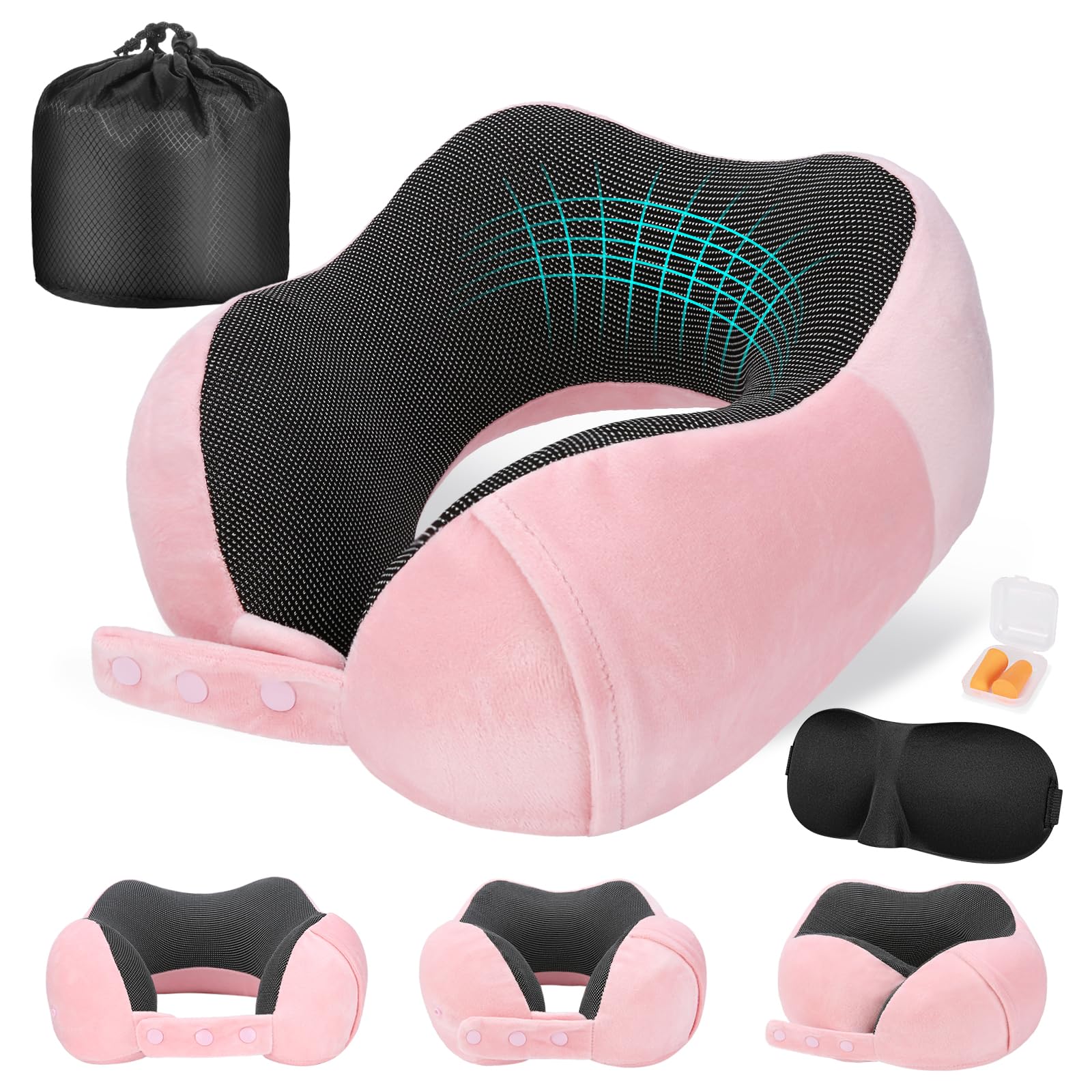 Cirorld Nackenkissen Flugzeug, Nackenhörnchen Erwachsene, Reisekissen Memory Foam, Verstellbares Kompaktes Nackenkissen Reise, Ergonomisches Weich Atmungsaktiv mit Ohrstöpseln, Augenmaske,Tragetasche