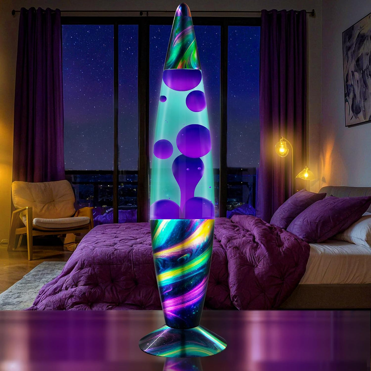 Jambo 16" Wunderschöne Lampe – Blaugrün mit violettem Wachs – Neon-Dämmerung, entspannendes flüssiges Licht, Nachtlicht, Heimdekoration, Wohnzimmer, Büro, Schlafzimmer, Teenager, Kinder, Magma Motion