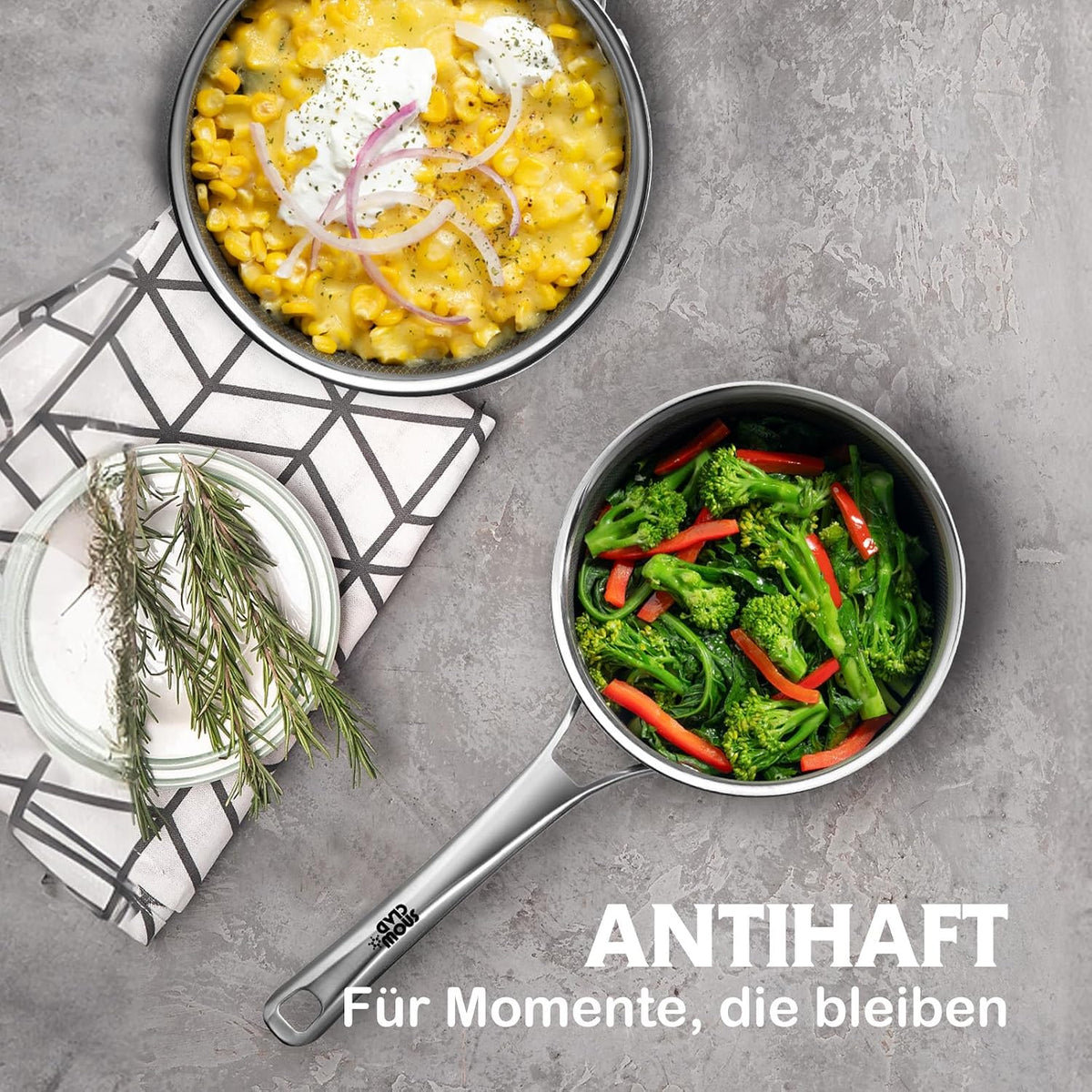 Topfset Edelstahl 10-teilig, Induktions Töpfe Set mit Antihaft, 20&24cm Bratpfanne, 1,5&2,5L Stielkasserolle, 5,8L Kochtopf, 2,8L Sautepfanne, Topfset für Alle Herdarten, Ofen & Spülmaschinengeeignet