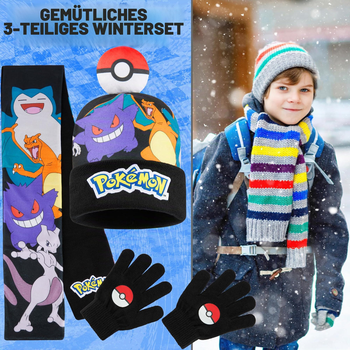 Pokemon Mütze, Schal & Handschuhe Jungen 4-12 Jahre, 3 Stück Warme Kinder Winter Set für kalte Tage, Anime Geschenke für Jungen