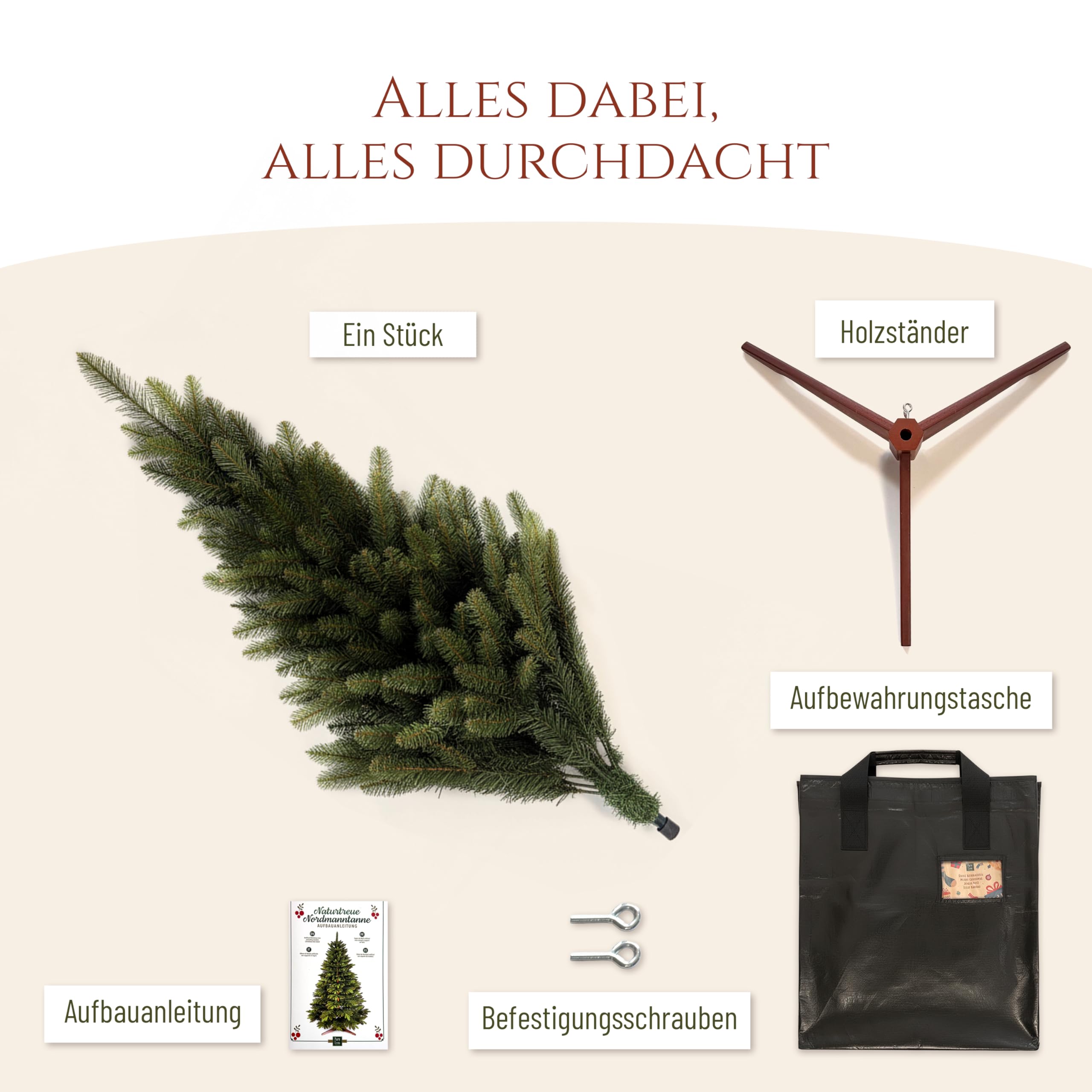 Künstlicher Weihnachtsbaum - Lebensähnlich, besonders dichte Äste, einfache Montage, Made in EU - Premium-Weihnachtsbaum mit Holzständer, Aufbewahrungstasche - Eleganter Nordmann Tannenbaum / Varianten Auswahl - Restposten Neu & OVP!