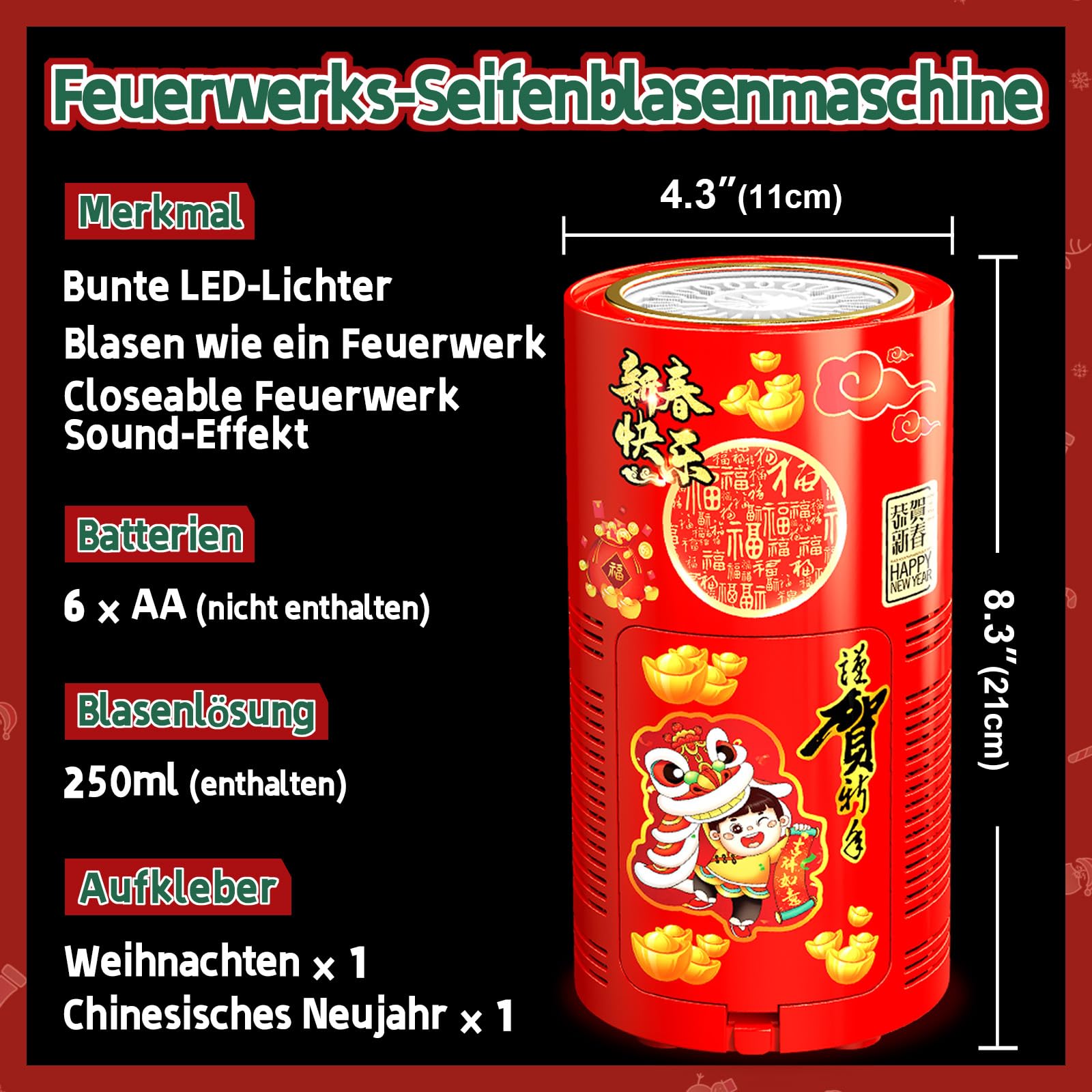 Feuerwerks Seifenblasenmaschine (13 Löcher) mit Lichtern, Luftblasen Wunderkerzen Geburtstagsdeko, Automatischer Seifenblasen Maschine für Kinder Party Hochzeit Geburtstag Chinesisches Neujahrsfest