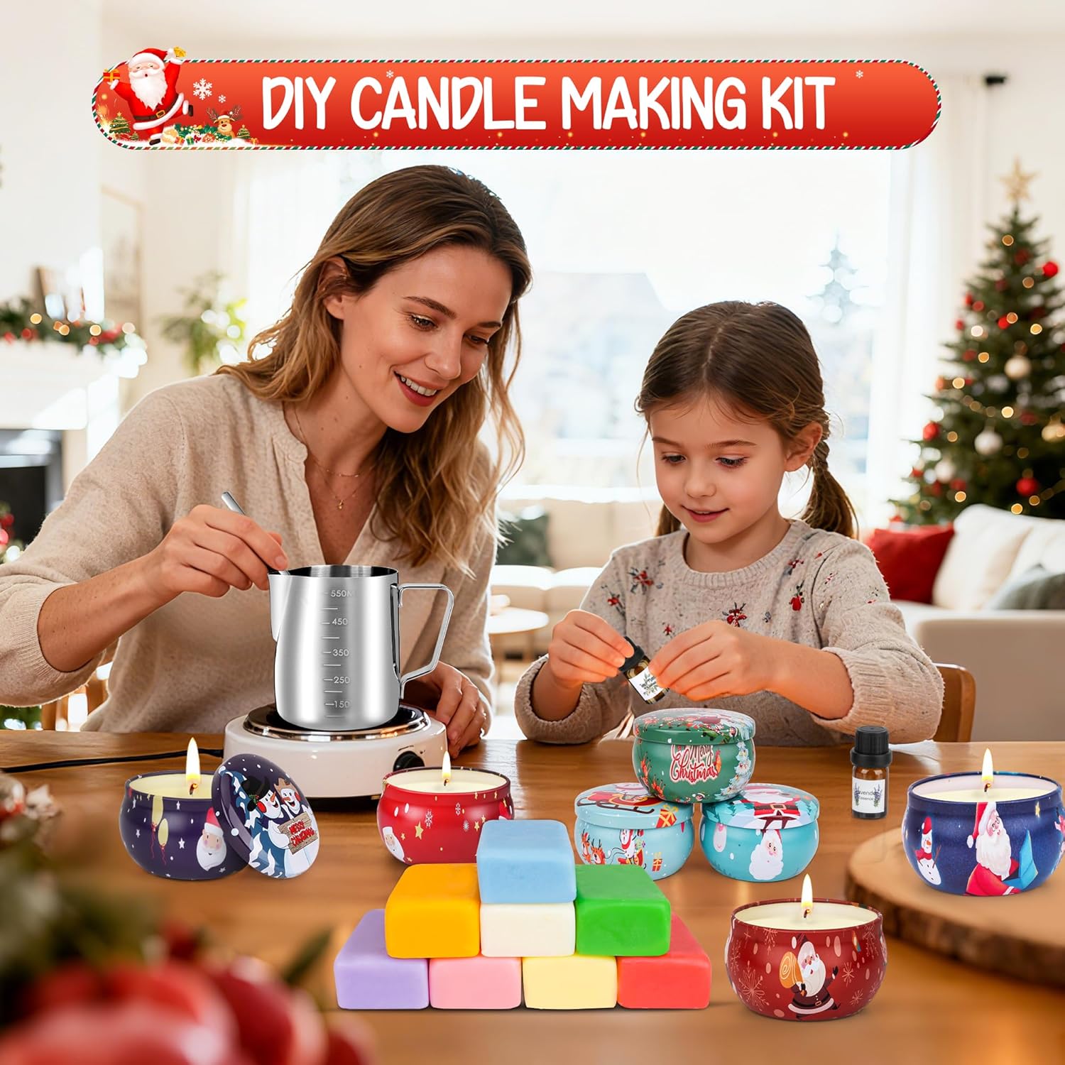 Kerzen Selber Machen Set,DIY Kerzenherstellung Kit,Duftkerze Geschenke Set mit 500g Bienenwachs,Kerzen Schmelztopf,9 Kerzendosen,6 Duftöl,3 Silikonformen,100Candle Wicks ,Rührlöffel,Dochthalter