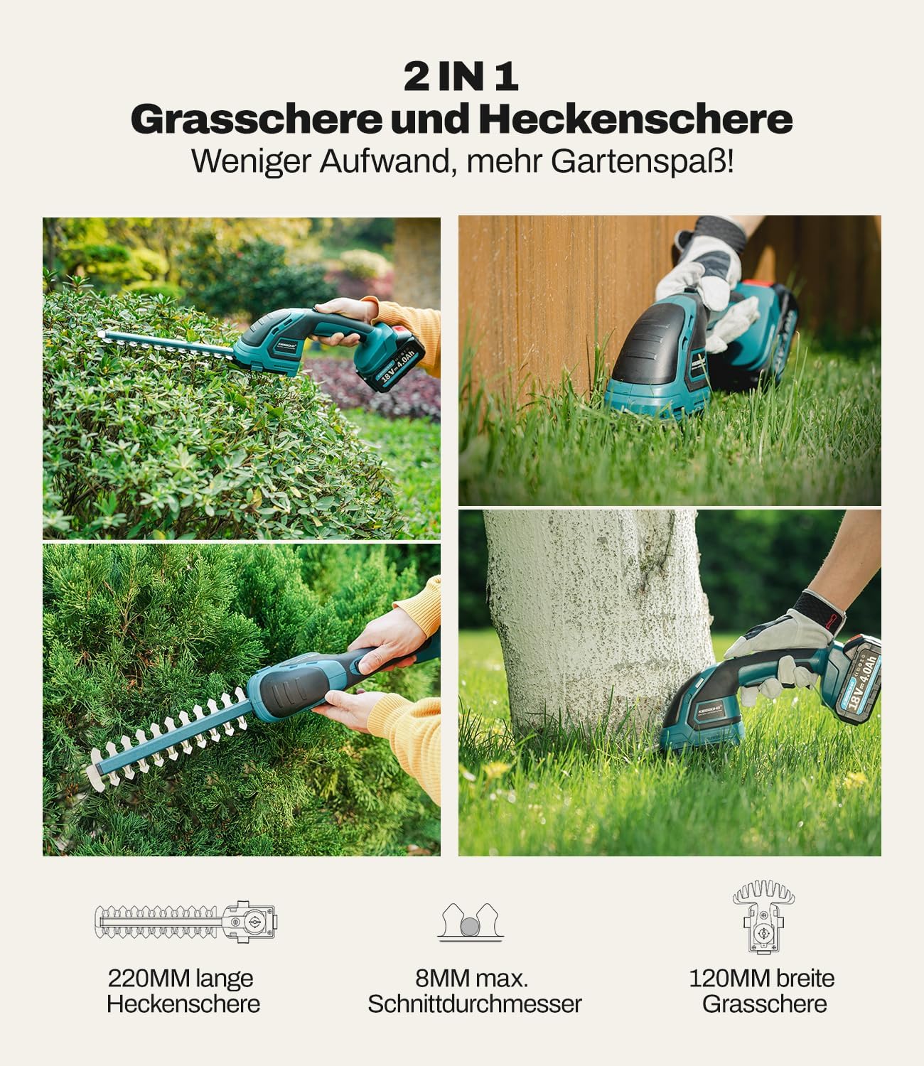 2-IN-1 Grasschere und Heckenschere Kompatibel mit Makita 18V Akku - Kleine Gras und Strauchschere Ideal für Kompakte Gartenarbeiten