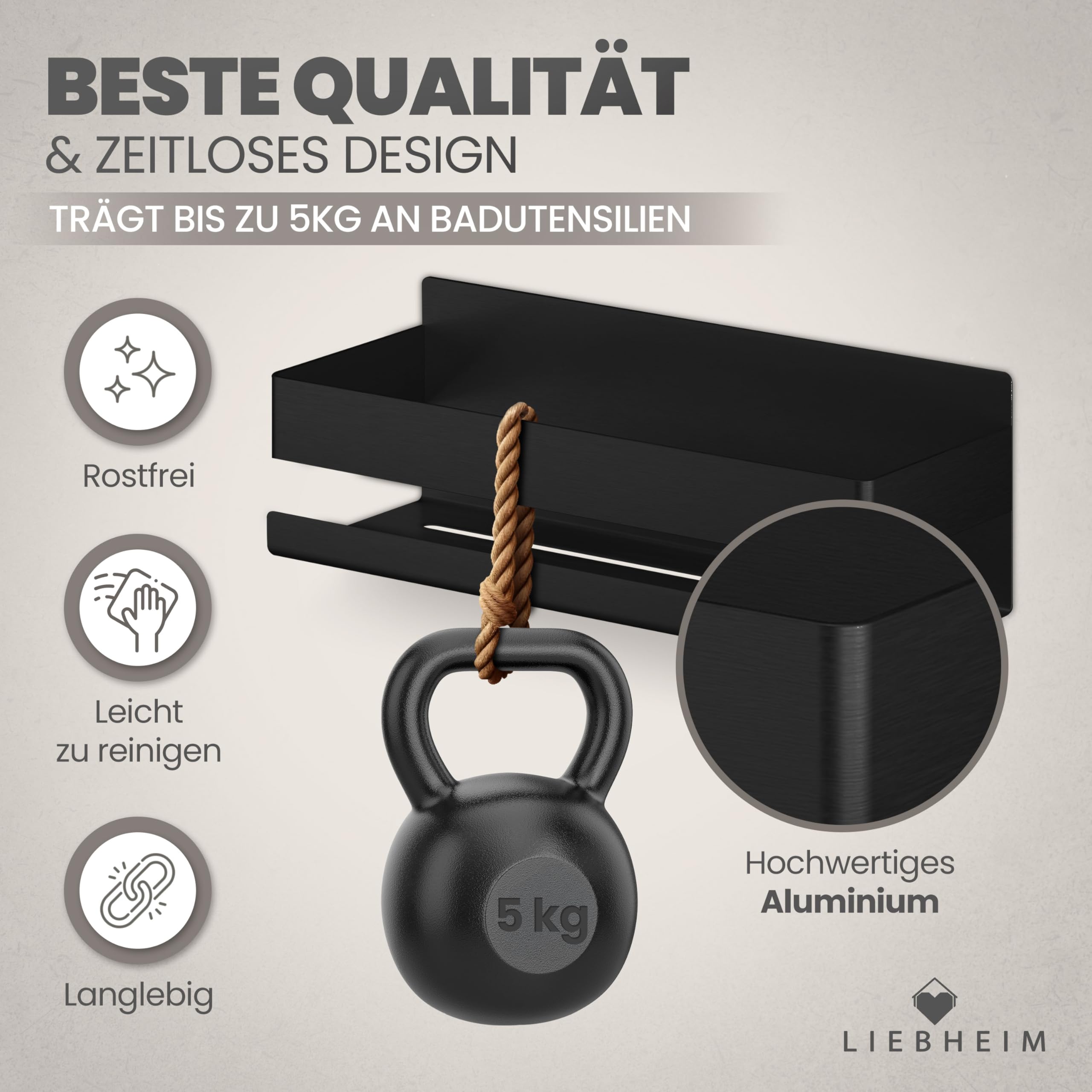 Duschablage Ohne Bohren - Badregal - Duschkorb - Bad Organizer | Massiv - silber gebürstet - 22 cm x 9 cm - 2 Klebevarianten für Nass- und Trockenbereich