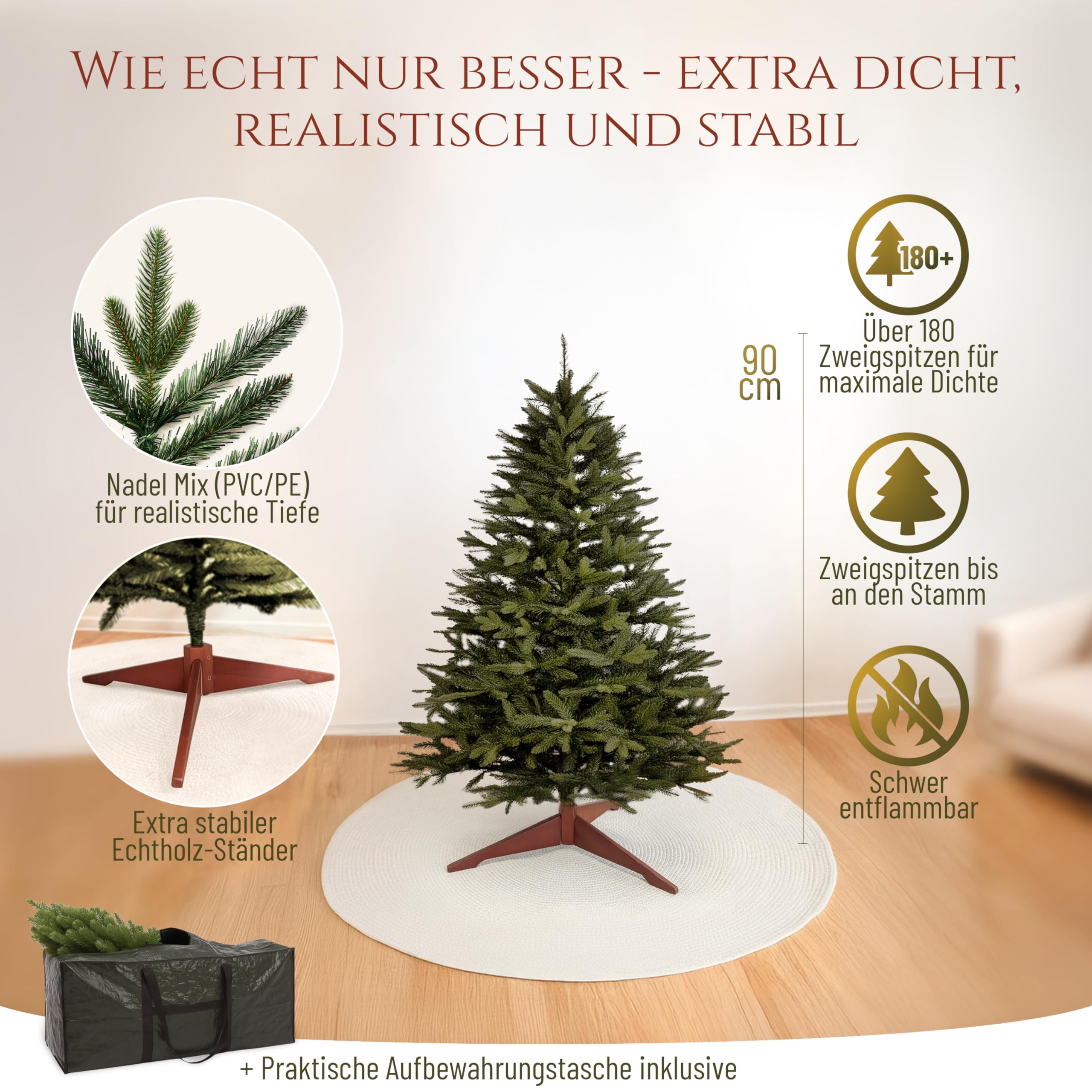 Künstlicher Weihnachtsbaum - Lebensähnlich, besonders dichte Äste, einfache Montage, Made in EU - Premium-Weihnachtsbaum mit Holzständer, Aufbewahrungstasche - Eleganter Nordmann Tannenbaum / Varianten Auswahl - Restposten Neu & OVP!
