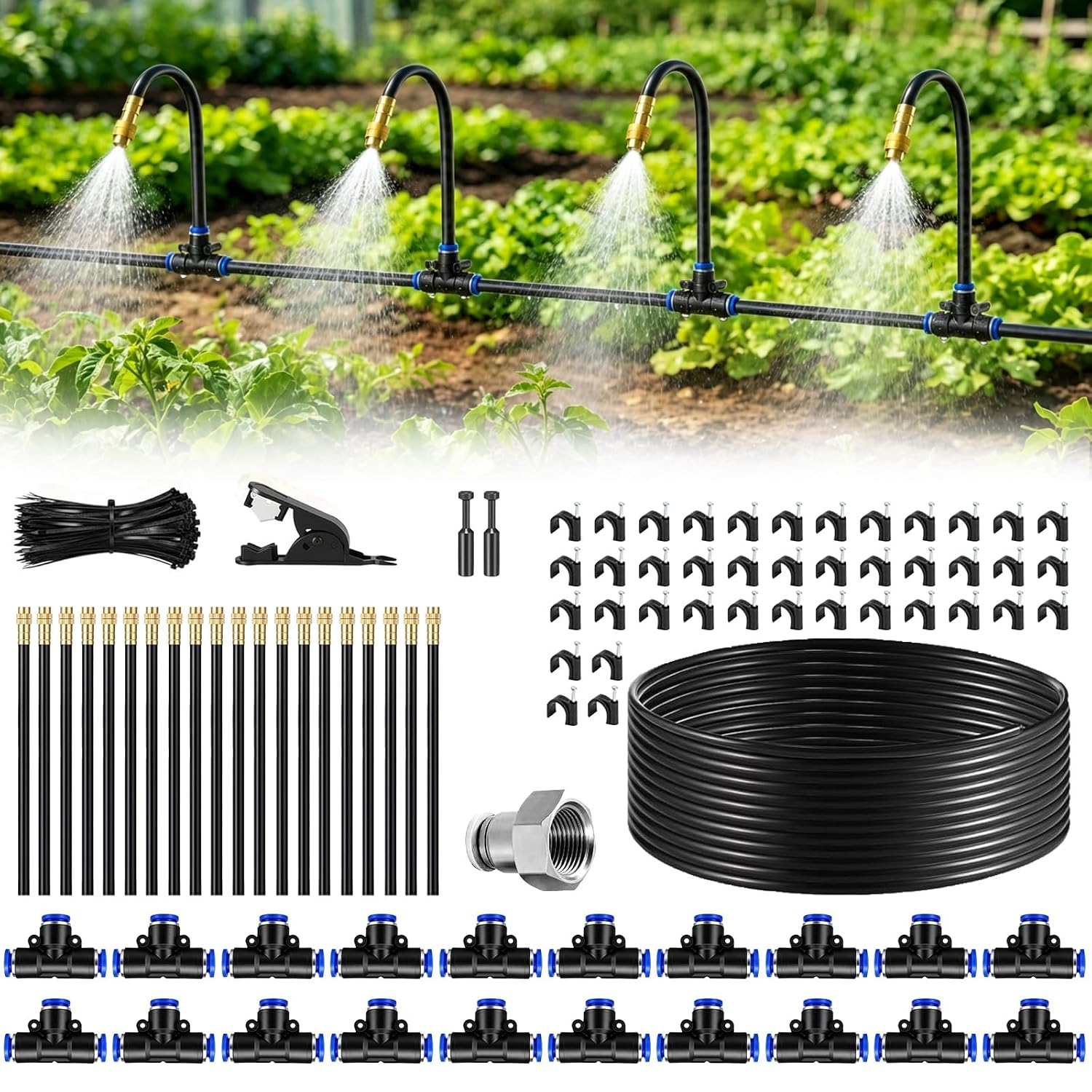 20M Automatische Bewässerungssystem Garten, 360° Verstellbare Garten Bewässerung Kit mit drehbaren 360°-Messingdüsen Nebelbewässerungskit für Gewächshaus, Rasen, Hochbeet, Terrasse