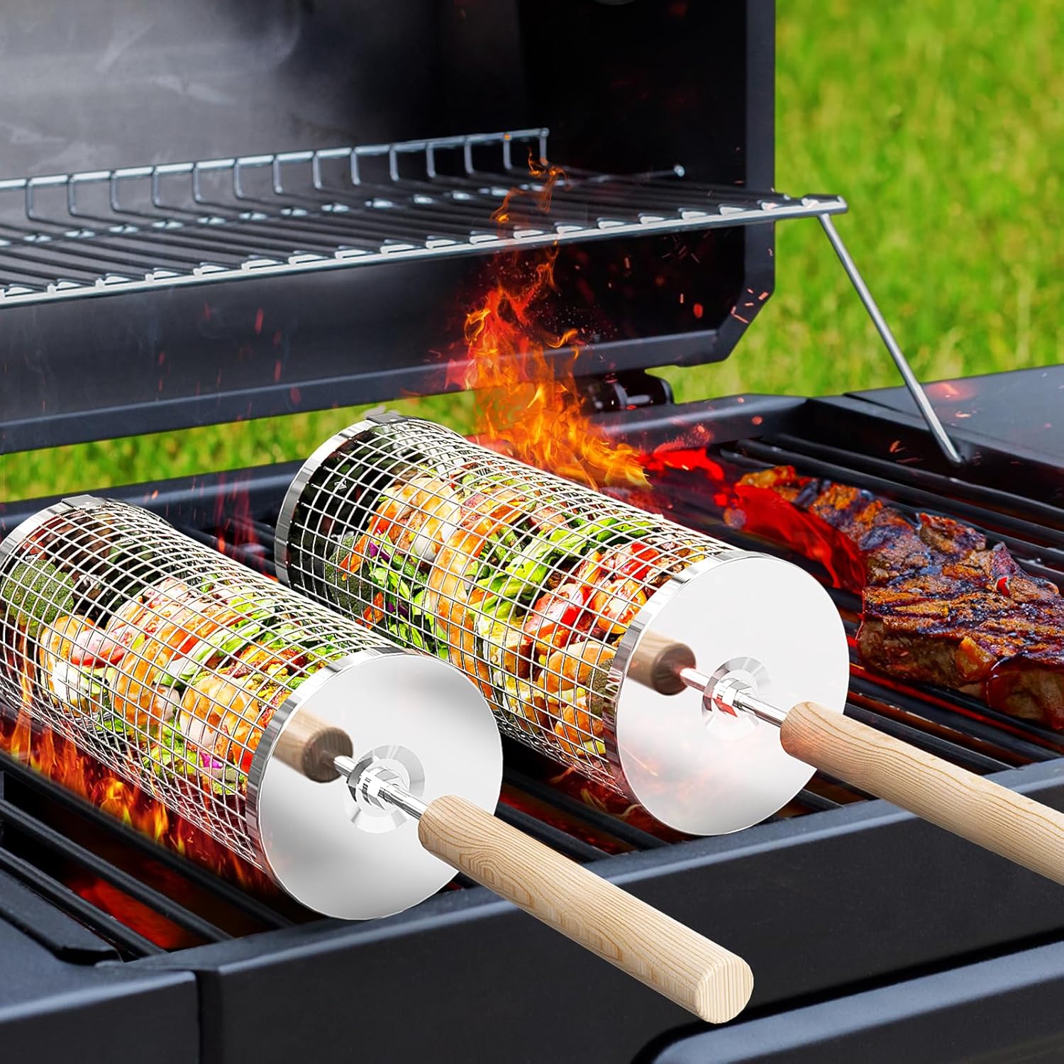 Rollender Grillkorb, Abnehmbarer Holzgriff, Edelstahl 304, Outdoor Küche Grill Zubehör für Gemüse, Garten Camping Gadgets für Gasgrill, Geschenke Geburtstagsgeschenk für Männer