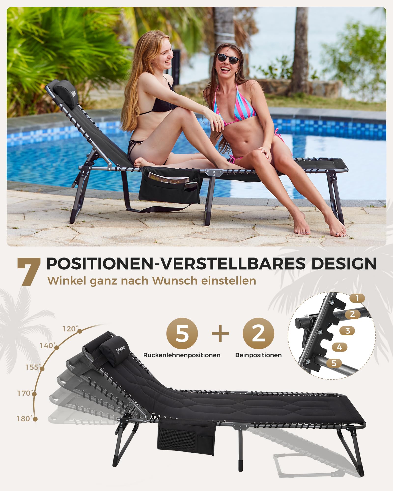 Sonnenliege Klappbar 5-Verstellbare, bis 180 kg, 2er Set, Blau | Gartenliege Klappbar, mit Kopfstütze & Seitentasche, Sonnenliege Wetterfest, Strandliege für Garten Terrasse Pool Camping