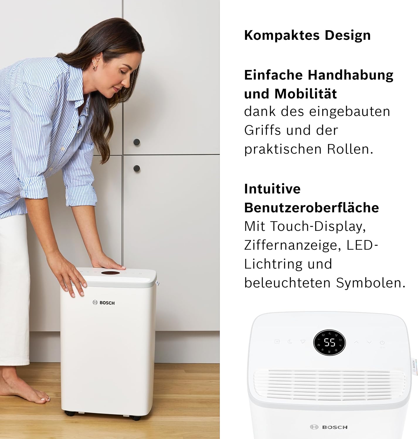 Bosch Dry, Luftentfeuchter, Für Räume bis zu 33 m² | Einfach, Effizient, Leise, Ideal für Deine Wohnung & die schnelle Trocknung Deiner Wäsche