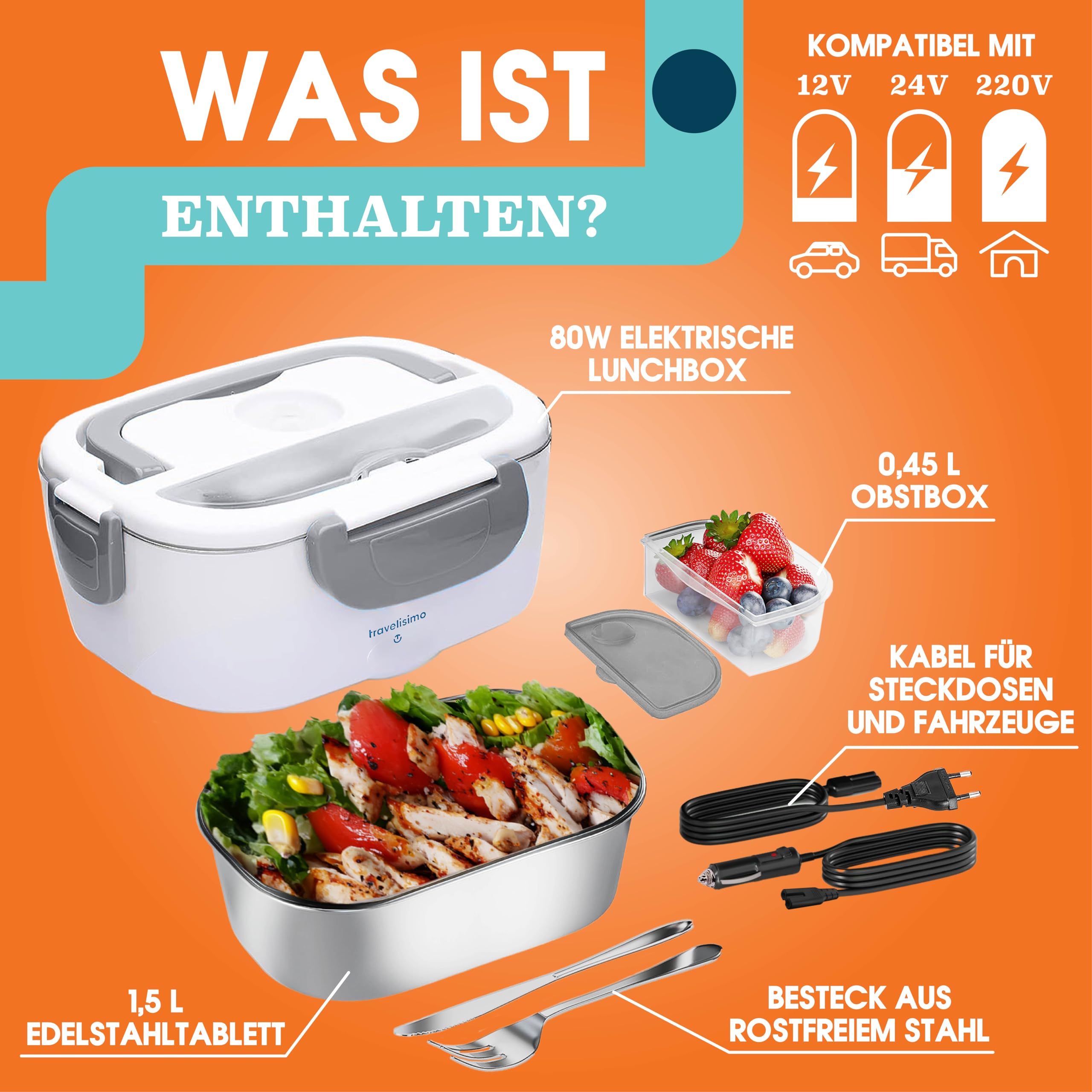 Elektrische Lunchbox 1,5 L – Wärmt Essen Unterwegs Mit 12V/24V/220V, 60W, Inkl. Besteck & Tasche (grün)