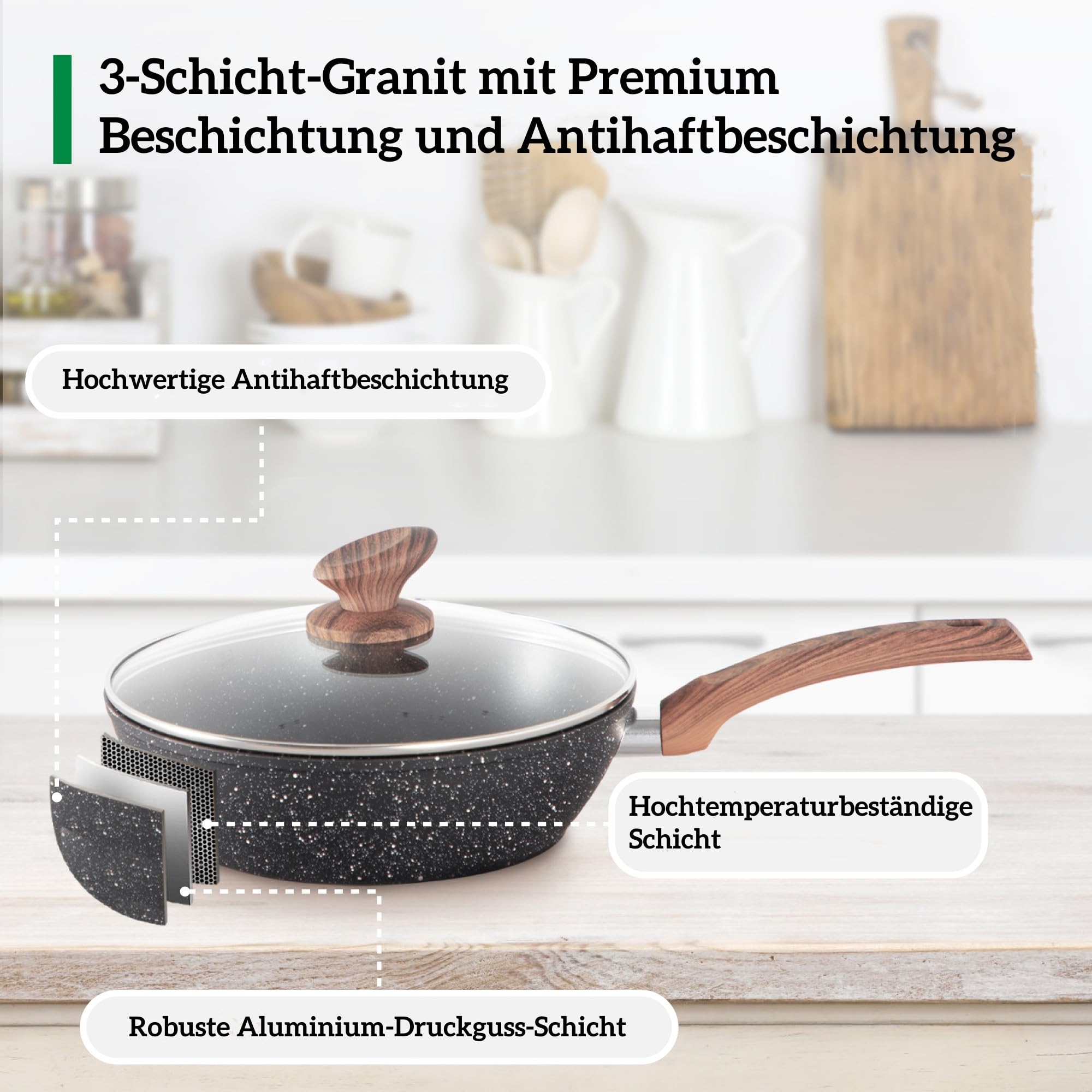 17-teiliges Induktions-Kochgeschirrset mit Glasbeton und Granitbeschichtung einschließlich Pfannen und Töpfen (grau, 17 Stück)
