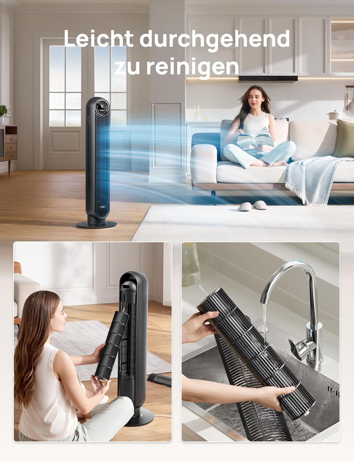 Leiser Turmventilator, 10 m Wurfweite 8 Geschwindigstufen 4 Modi 8 Std. Timer 90° oszillierende Ventilator mit Kühlung Fernbedienung für Schlafzimmer,Turmventilator 307, Schwarz
