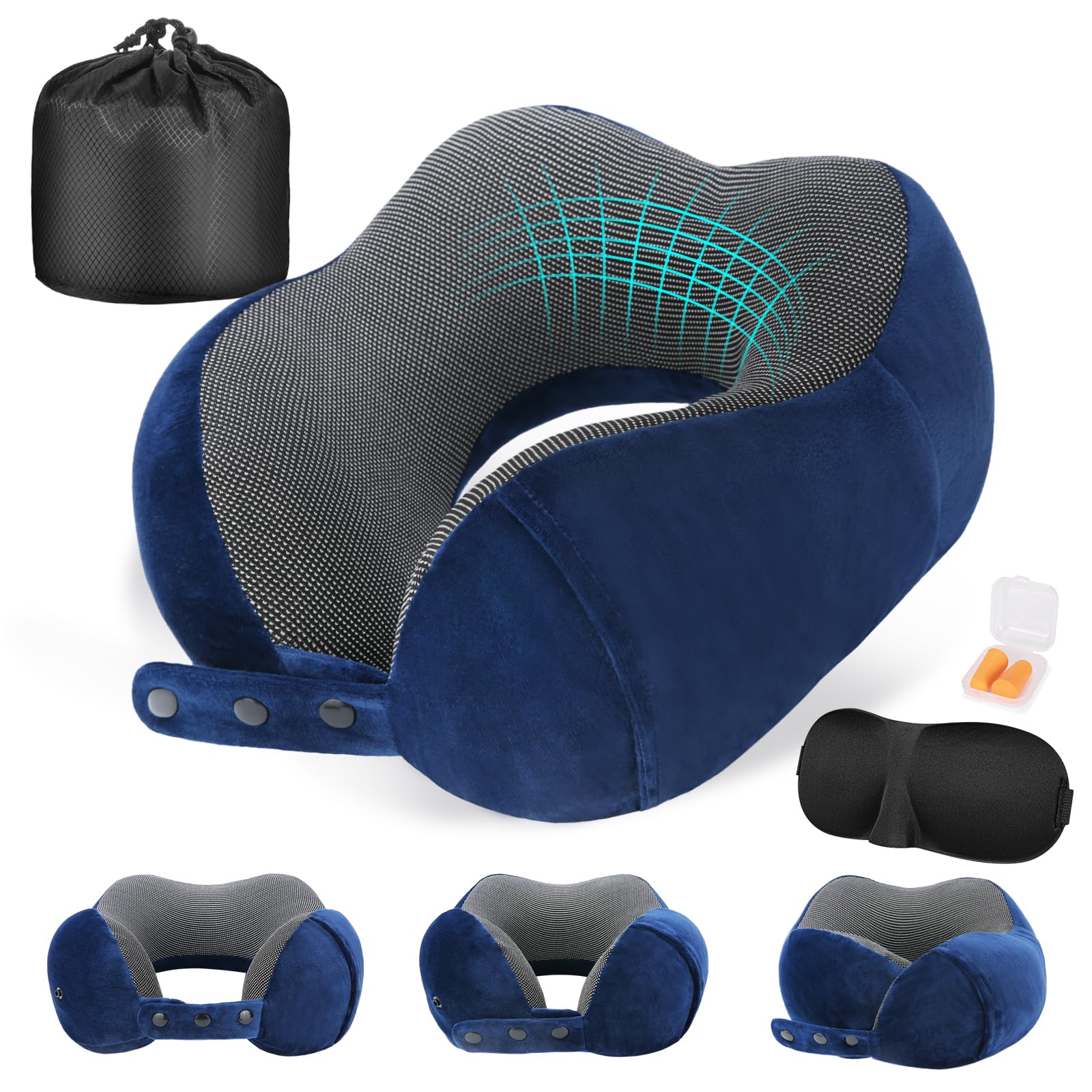 Cirorld Nackenkissen Flugzeug, Nackenhörnchen Erwachsene, Reisekissen Memory Foam, Verstellbares Kompaktes Nackenkissen Reise, Ergonomisches Weich Atmungsaktiv mit Ohrstöpseln, Augenmaske,Tragetasche