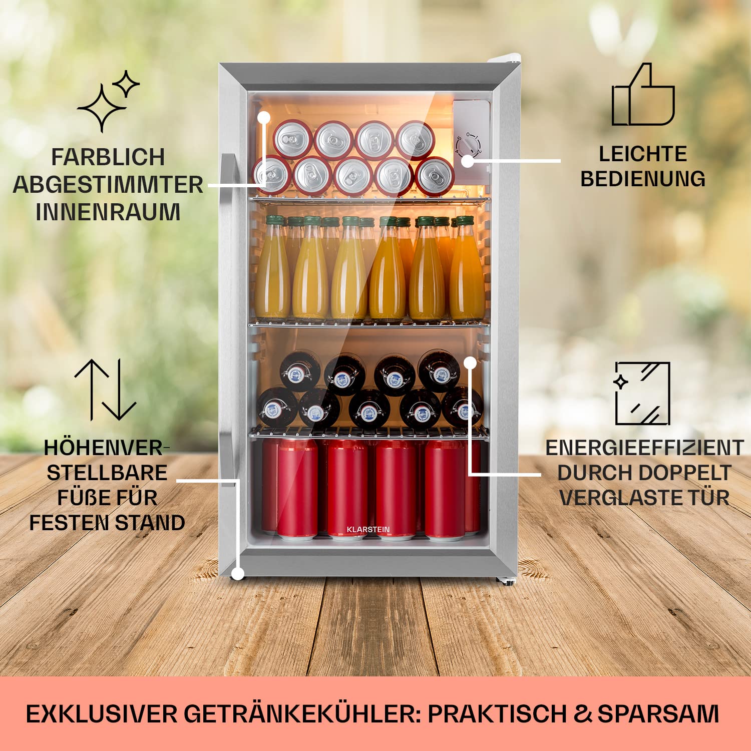 Beersafe Getränkekühlschrank 60 L – Mini Kühlschrank mit Glastür, Kupfer | LED-Beleuchtung, herausnehmbare Metallablagen, leise, Flaschenkühlschrank für Getränke & Dosen