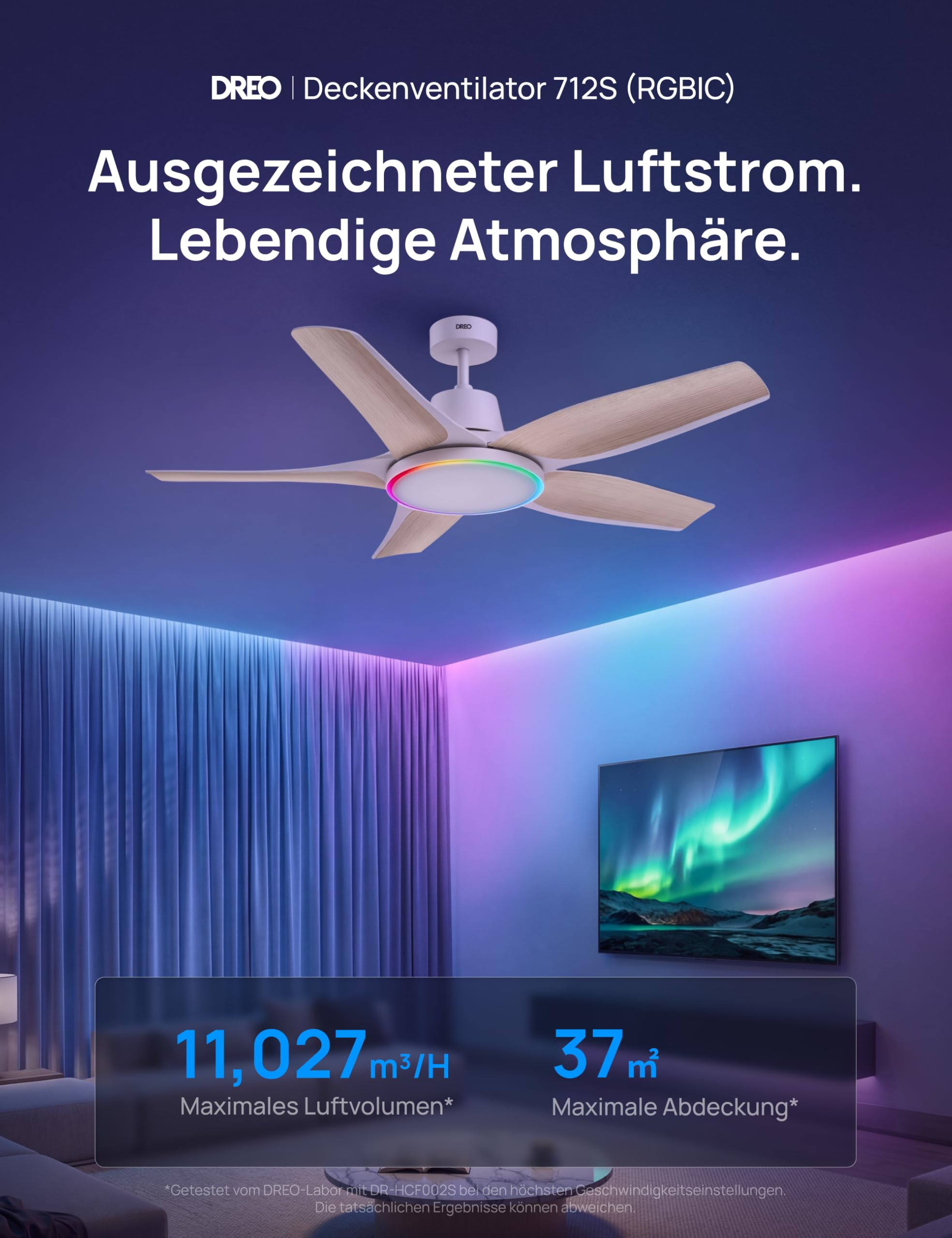 Smarter Low-Profile-Deckenventilator mit Licht, 132 cm, dimmbare LED mit einstellbarer Farbtemperatur, RGB-Ambientlicht, leiser DC-Motor, einfache Montage, App- & Alexa-Steuerung, weiß
