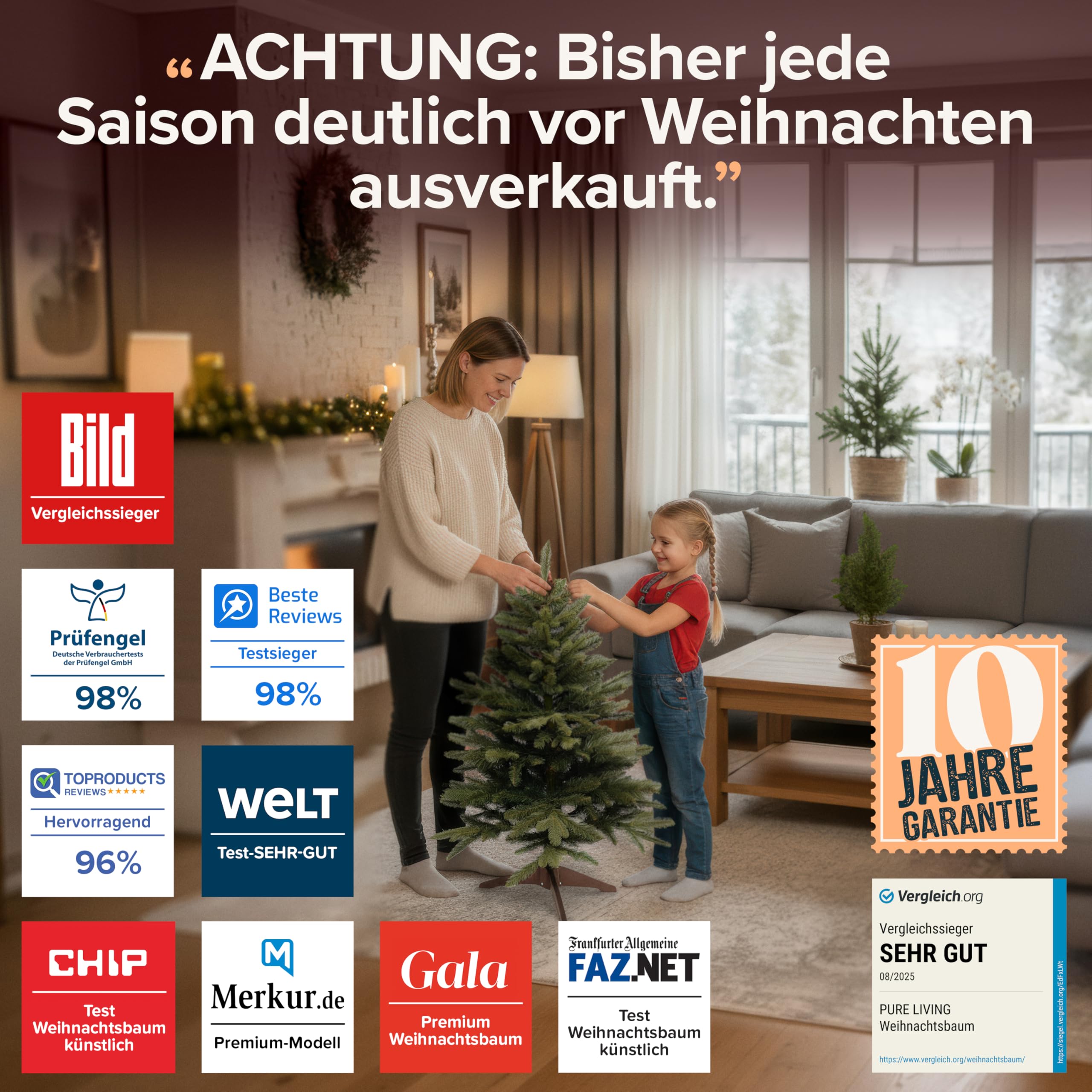 Künstlicher Weihnachtsbaum - Lebensähnlich, besonders dichte Äste, einfache Montage, Made in EU - Premium-Weihnachtsbaum mit Holzständer, Aufbewahrungstasche - Eleganter Nordmann Tannenbaum / Varianten Auswahl - Restposten Neu & OVP!