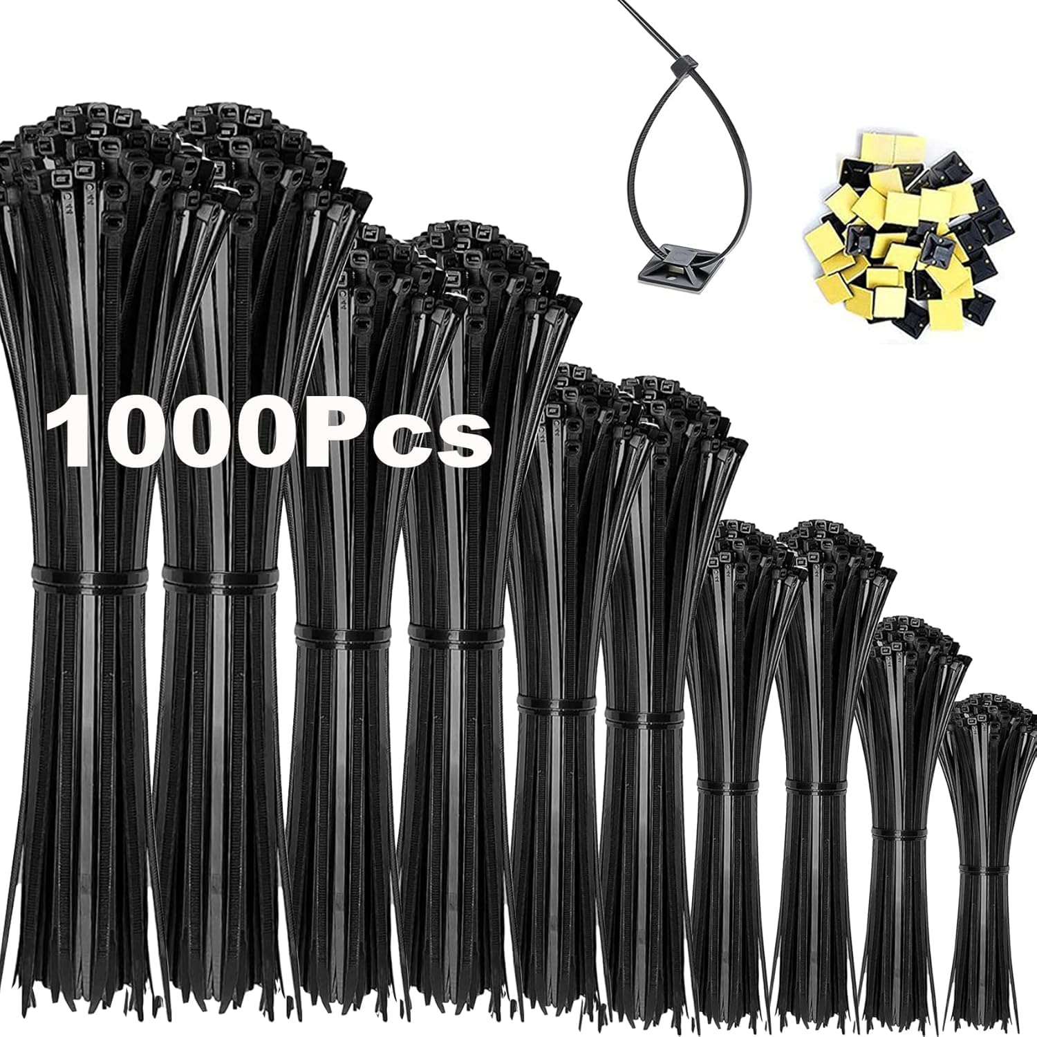 1000 Stück Kabelbinder Schwarz 100/150/200/250/300mm Und 20 Klebesockel, Kabelbinder set, UV Beständig, Hitzebeständig, Kunststoff Kabel Binder Set