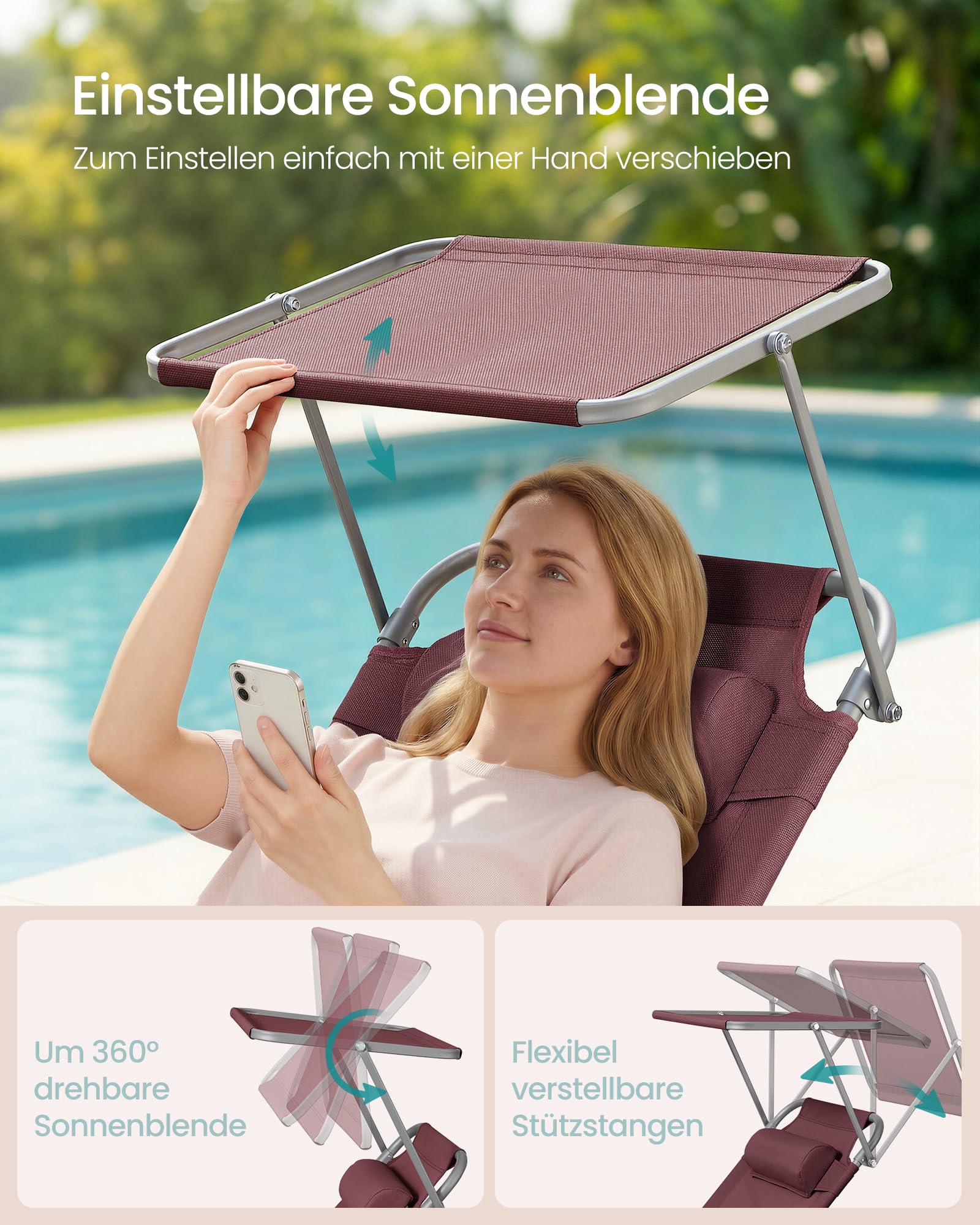 Sonnenliege, klappbarer Liegestuhl, 193 x 53 x 29 cm, trägt bis zu 150 kg, Sonnenschutz, Kopfkissen, verstellbare Rückenlehne, für Garten, Pool, Terrasse