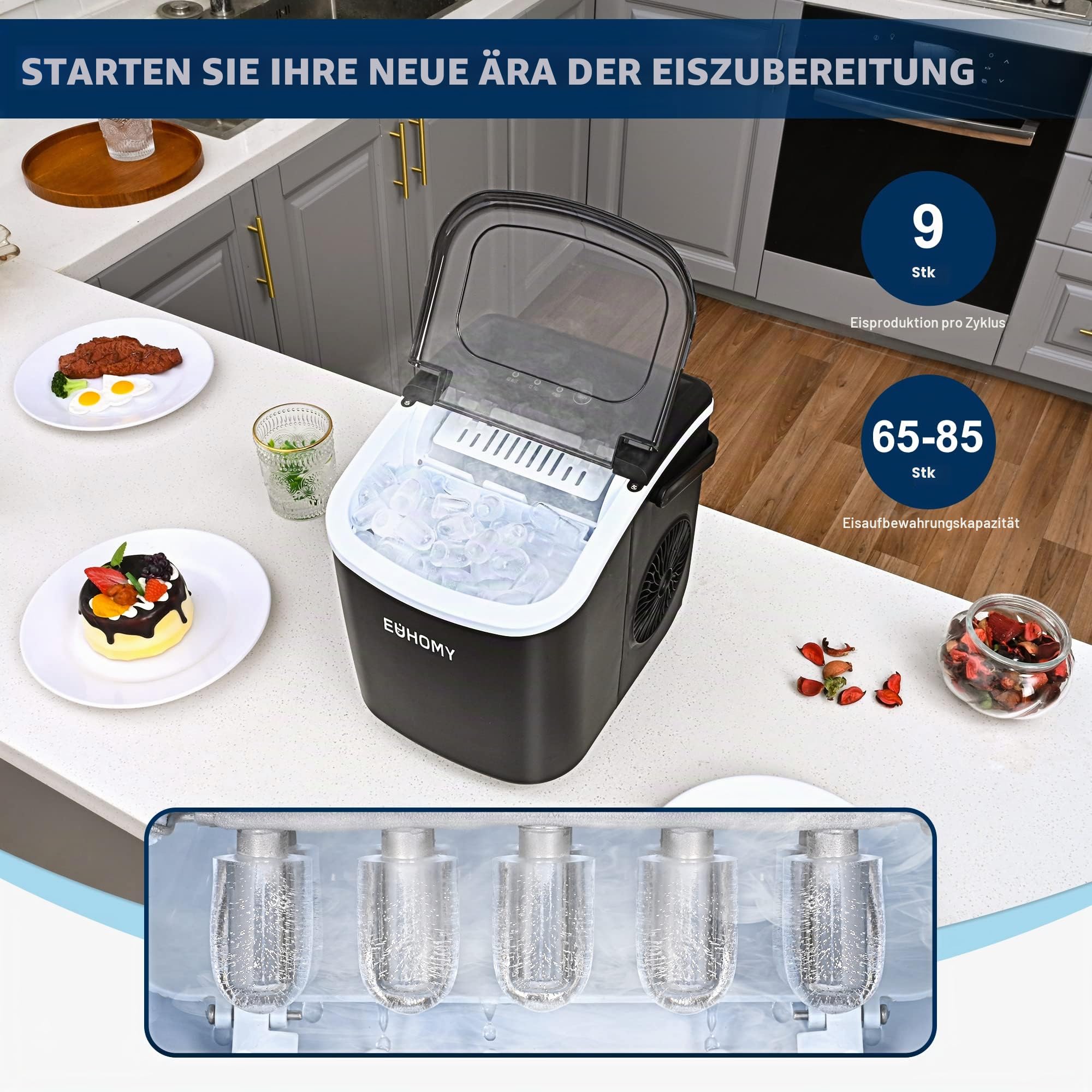 Eiswürfelmaschine Klein, 9 Eiswürfel in 6 Minuten, 12 kg/24H, Eiswürfelmaschine Edelstahl mit Tragbarem Griff, Selbstreinigender Kompakter Eiswürfelmaschinen für Zuhause/Küche/Büro/Bar
