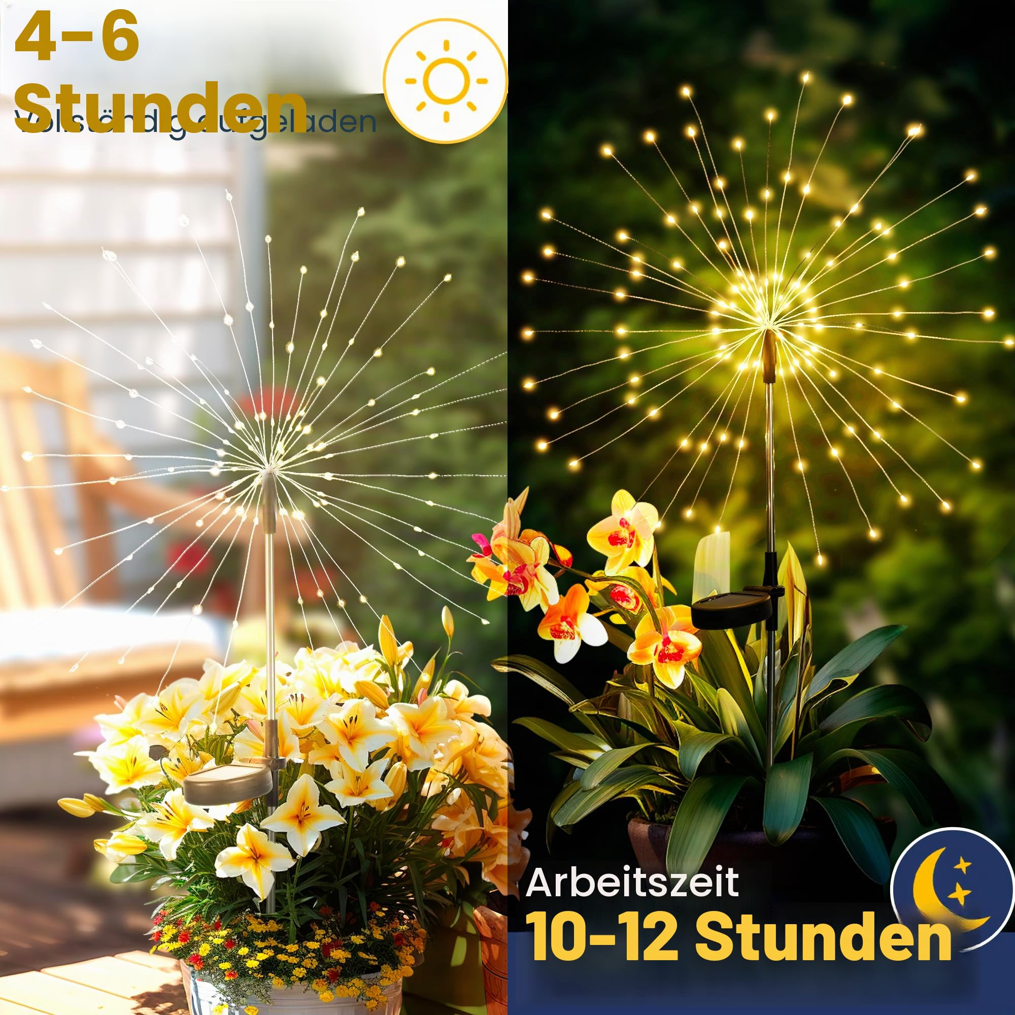 Gartendeko Solarleuchten für Außen,4 Stück 120 LED Feuerwerk Solarleuchten, Wetterfest Pusteblume Solarlampen für Balkon Terrasse Blumenkästen Hof Deko