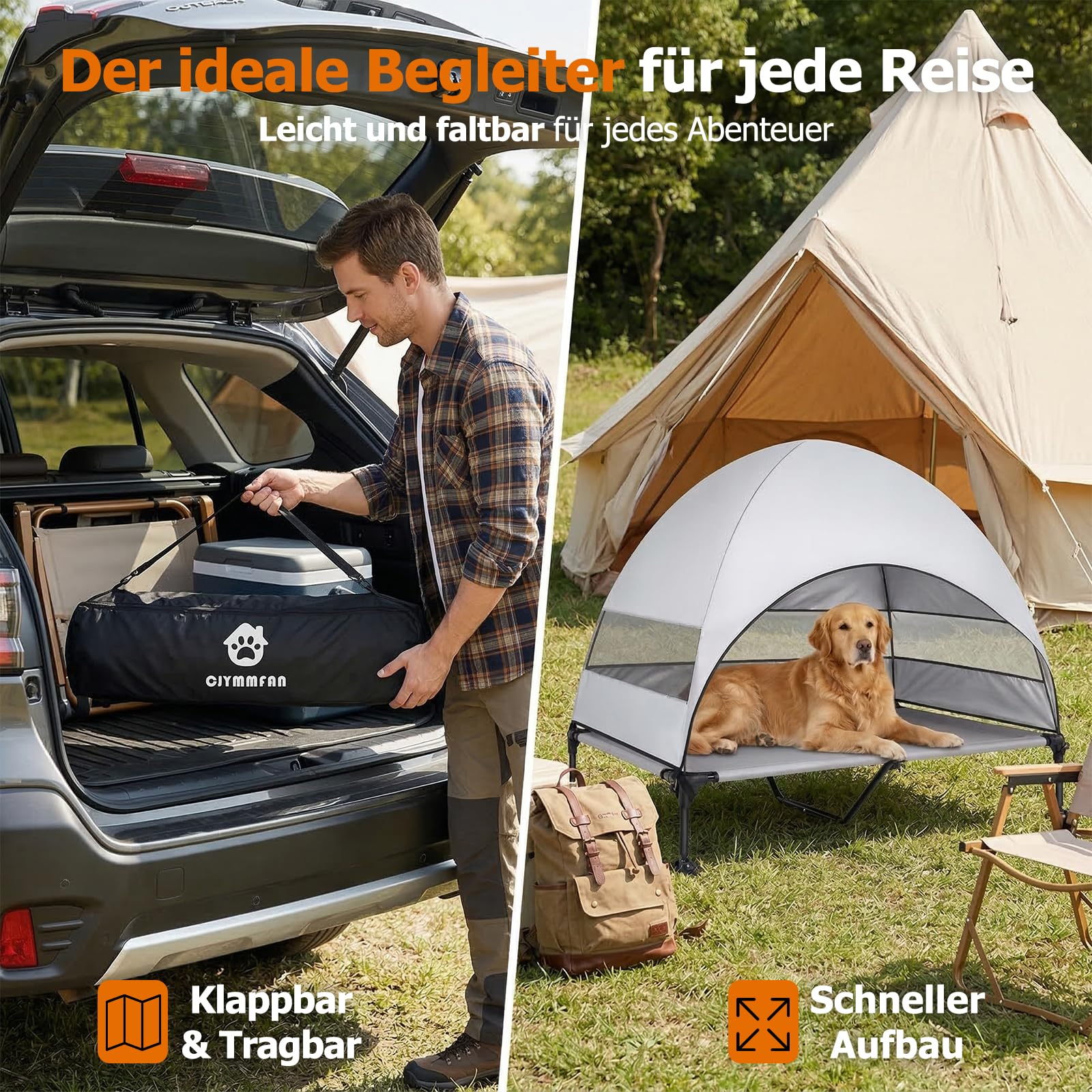 Erhöhtes Hundebett Outdoor mit UV-beständiges Dach，Hundeliege Klappbar mit Anti-Rutsch-Füßen, Hundezelt Outdoor mit Großem Schatten, Kühlendes ErhöHtes Hunde Bett für Camping, Garten & Pool (Grau, L)