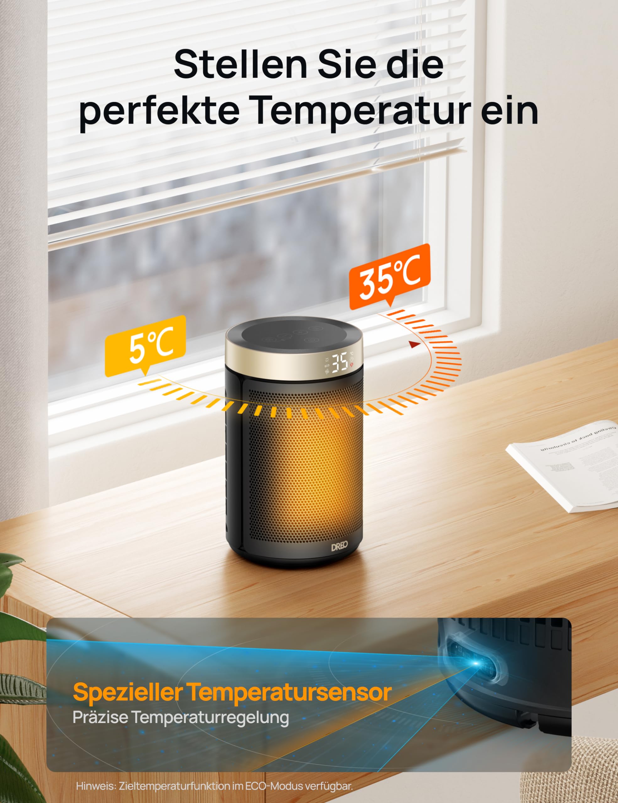 Energiesparender Heizlüfter, 34 dB Leiser 1500W Elektrischer PTC Keramik, Thermostat, Überhitzungs- & Kippschutz, 12 Std. Timer, Elektroheizung für Räume Schlafzimmer, Heater 316, Gold