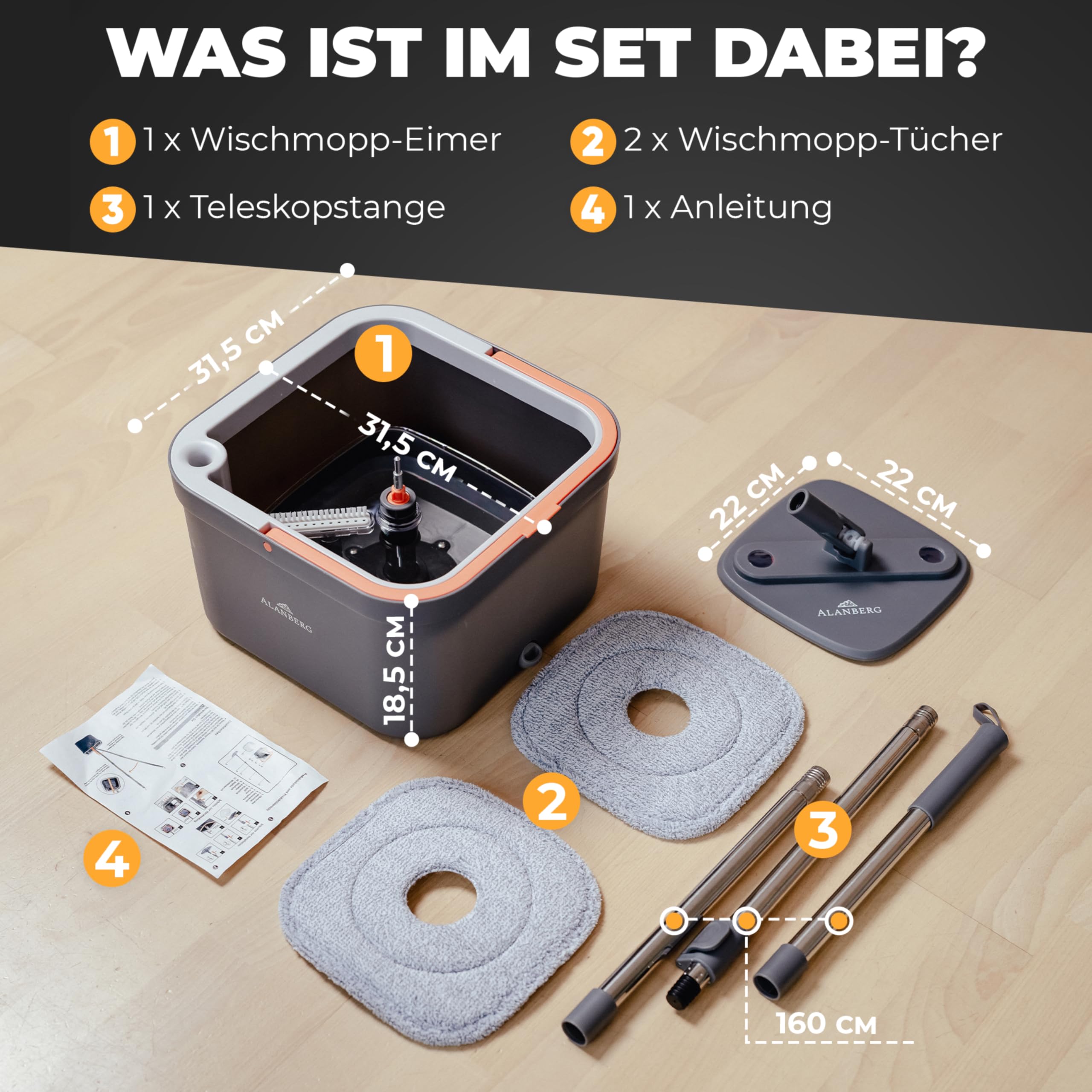 Wischmopp Set mit Eimer, 2-Kammer-System Frisch-/Schmutzwasser Trennung, selbst-auswringend, 160 cm Stiel & 2 Mikrofaser-Pads, für alle Böden, Grau
