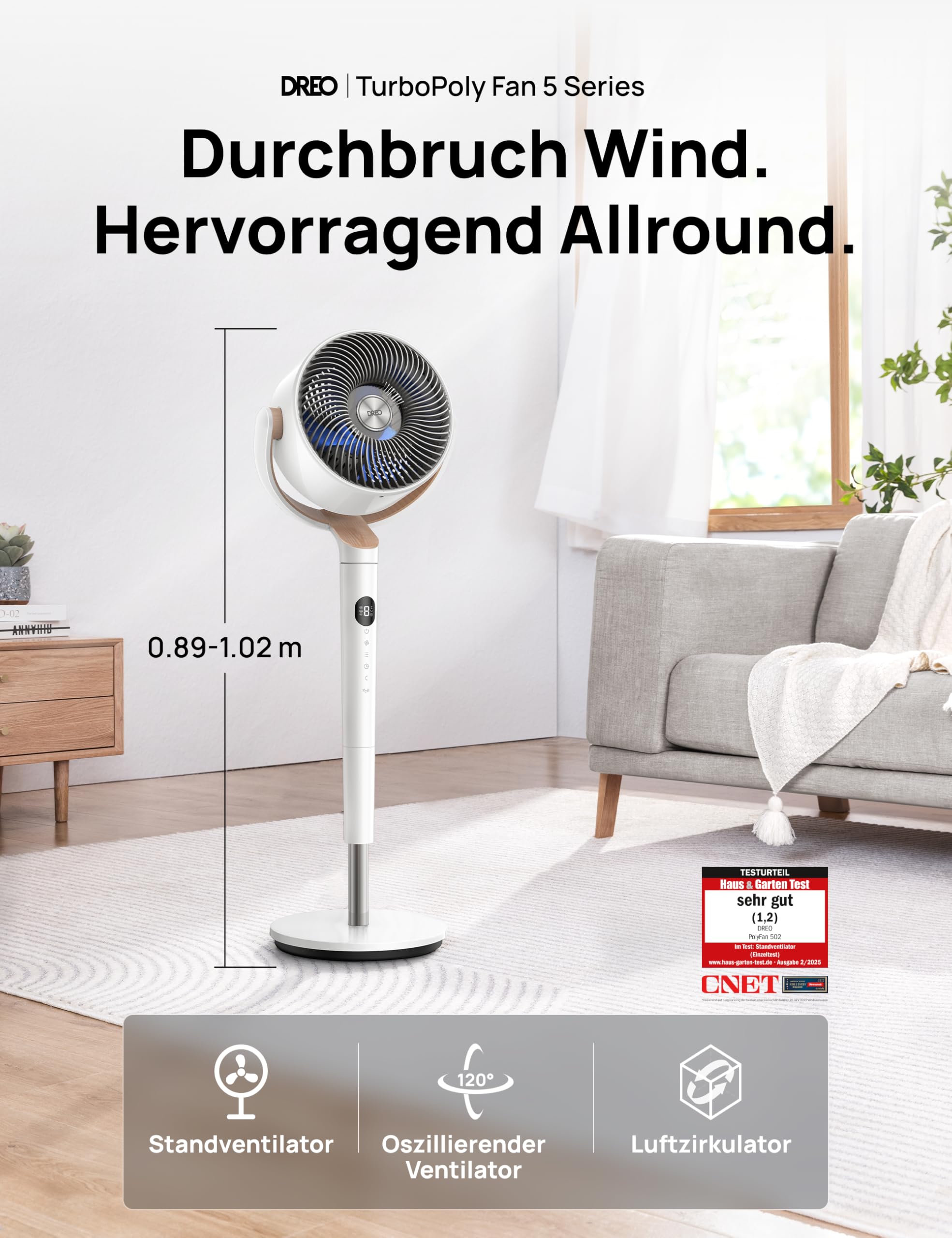 Starker Standventilator Smart mit RGB Light, 120° +120° Oszillierender Ventilator mit Fernbedienung, 20dB Leiser Bodenventilator / Turmventilator für Schlafzimmer, 8H Timer, Silber