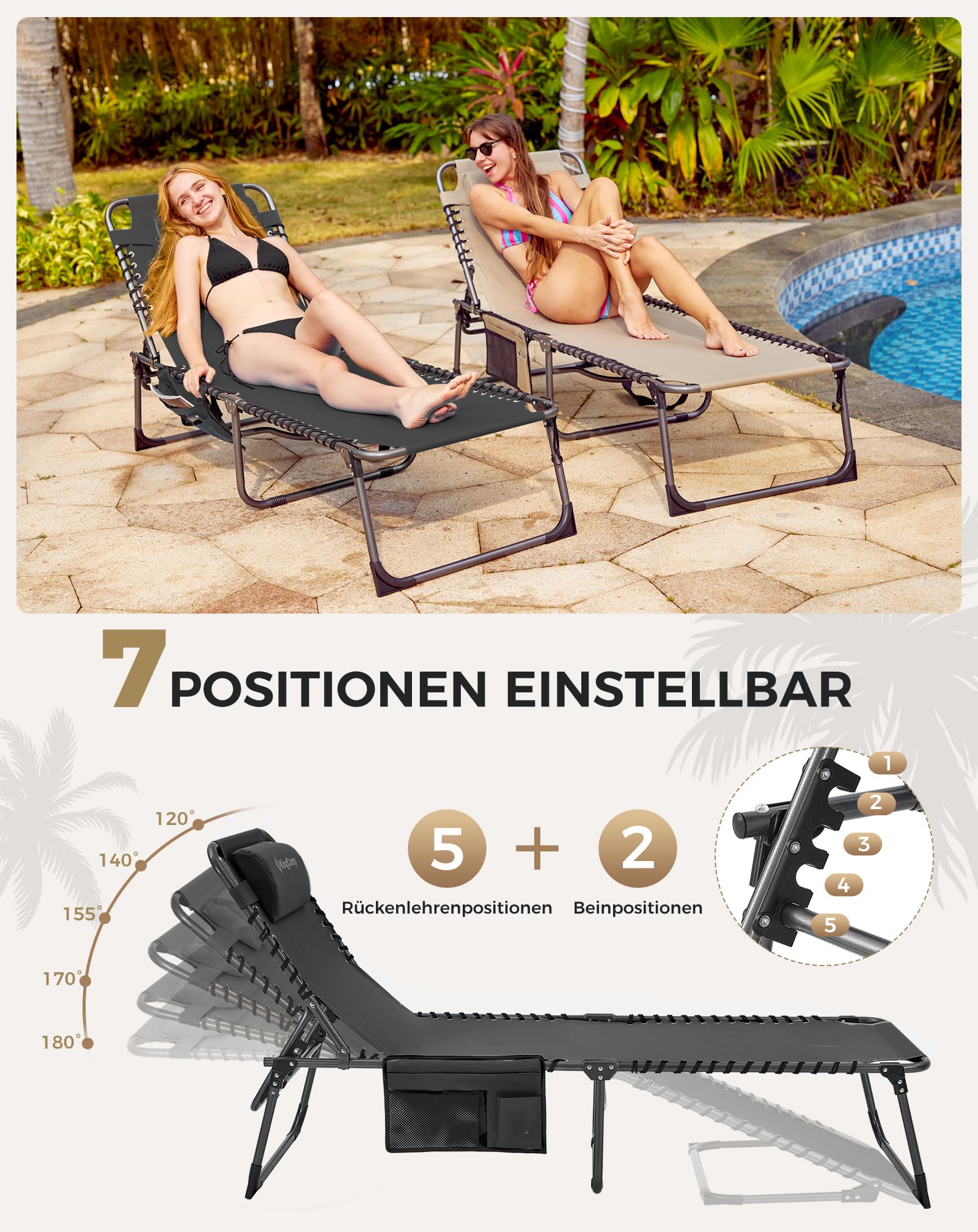 Sonnenliege Klappbar 5-Verstellbare, bis 180 kg, 2er Set, Blau | Gartenliege Klappbar, mit Kopfstütze & Seitentasche, Sonnenliege Wetterfest, Strandliege für Garten Terrasse Pool Camping