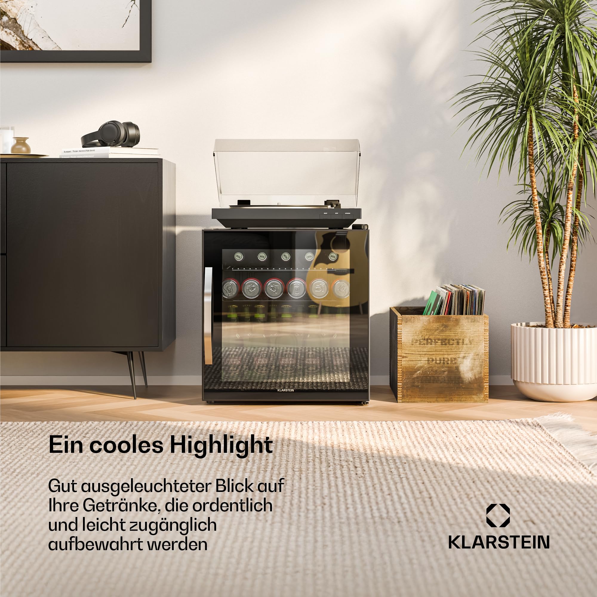 Getränkekühlschrank 33 L – Mini Kühlschrank mit Glastür, Silber-Schwarz | LED-Beleuchtung, herausnehmbare Metallablagen, leise, Flaschenkühlschrank für Getränke & Dosen