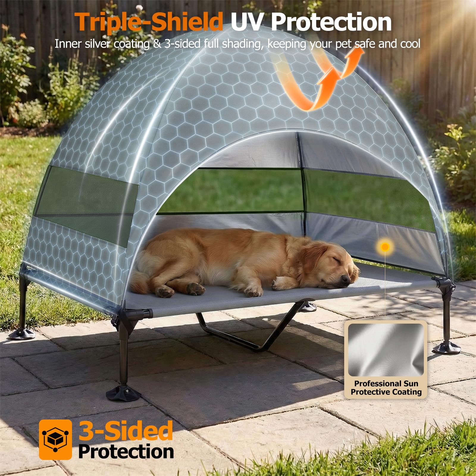 Erhöhtes Hundebett Outdoor mit UV-beständiges Dach，Hundeliege Klappbar mit Anti-Rutsch-Füßen, Hundezelt Outdoor mit Großem Schatten, Kühlendes ErhöHtes Hunde Bett für Camping, Garten & Pool (Grau, L)