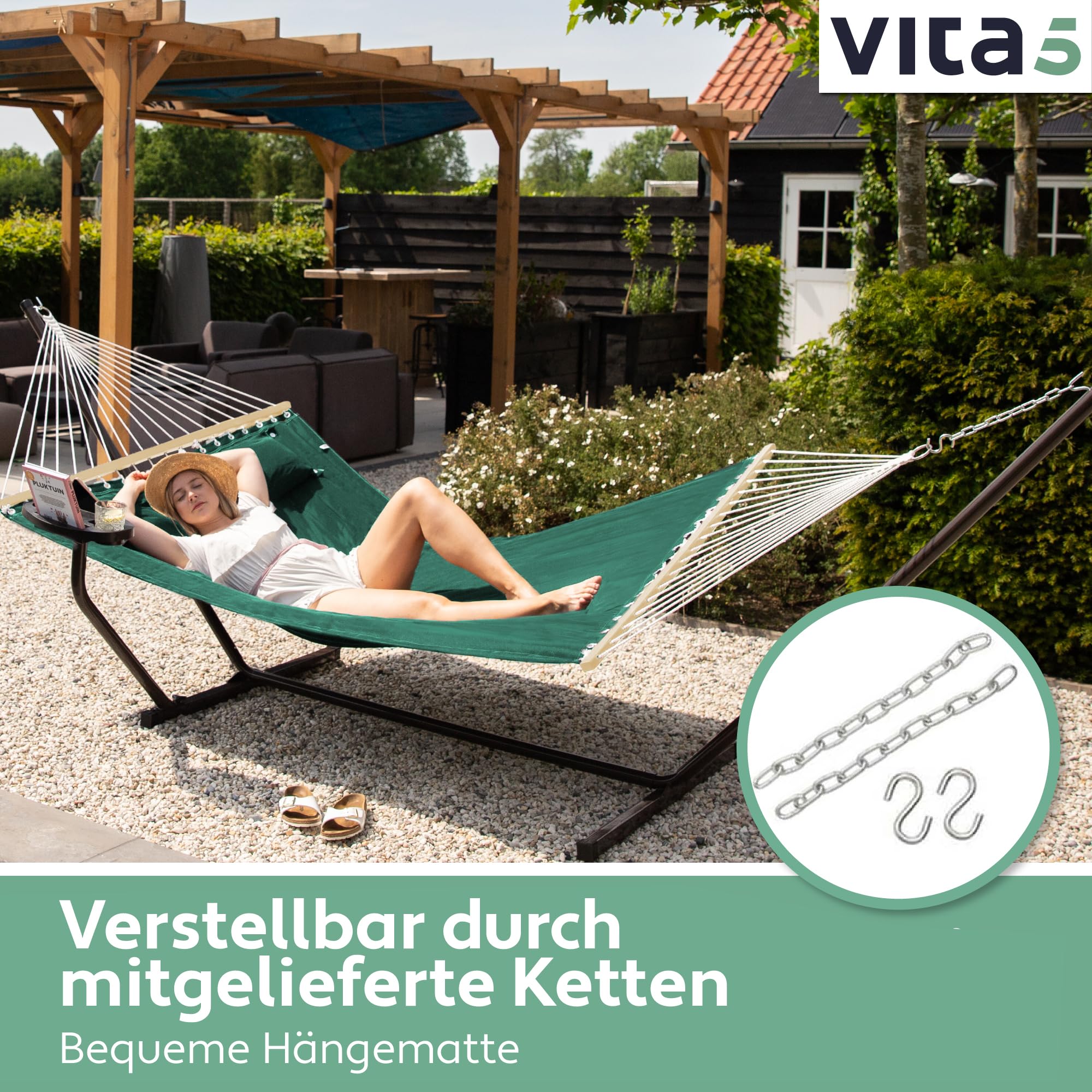 Hängematte mit Gestell und Tisch - Hängematte Outdoor für den Garten, Pool & Balkon - Großzügige Hängematten 2 Personen - Doppelhängematte mit Ständer und Beistelltisch - 200 kg Belastbarkeit