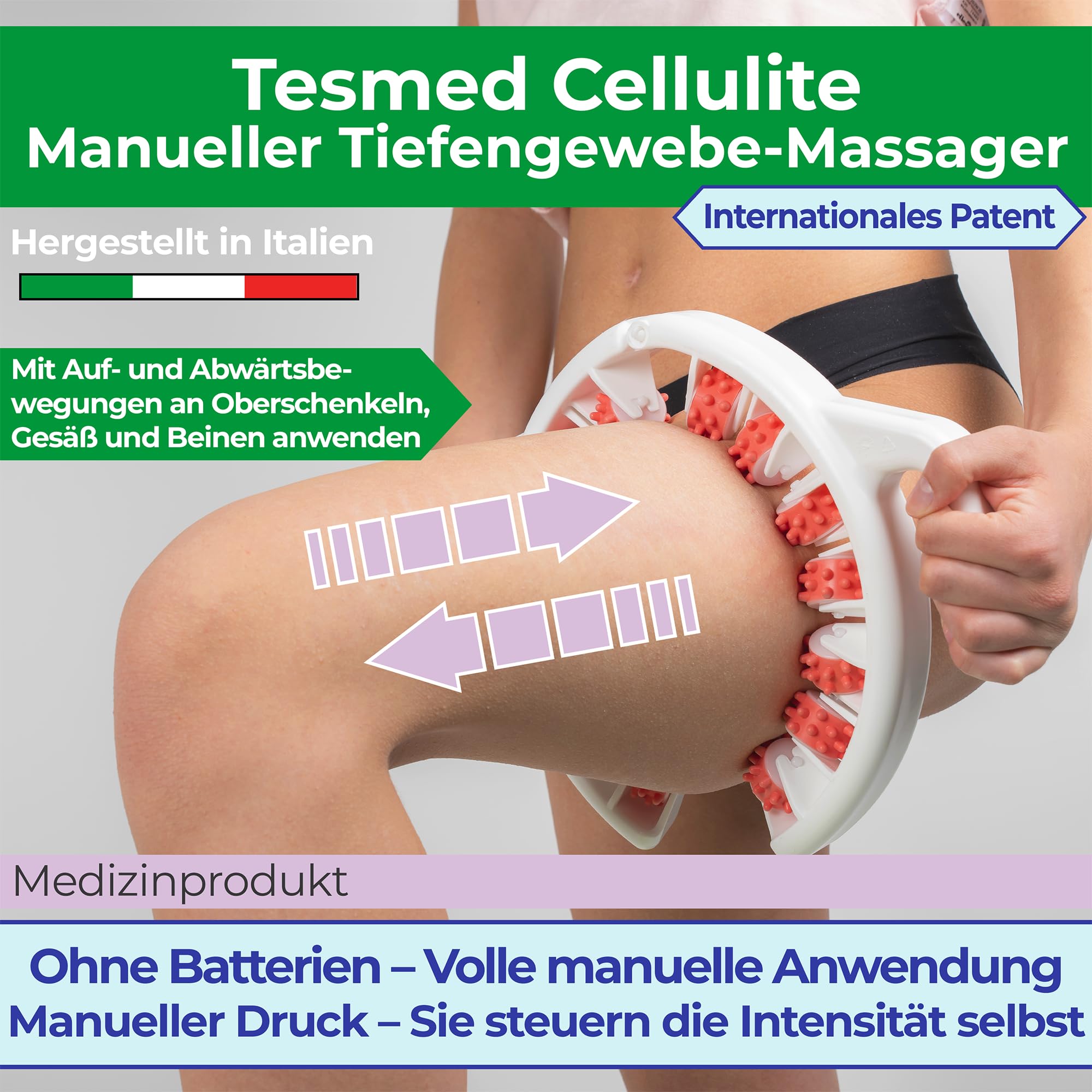 Cellulite Massagegerät Made in Italy, Anticellulite-Gerät mit konvergenten und divergenten Rollen zum Heben, Anziehen und Glätten der Haut, Grün