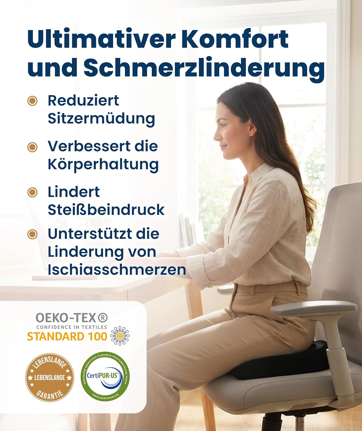 Sitzkissen für Bürostuhl, Auto & Zuhause – Komfortkissen mit waschbarem Bezug, Rutschfester Unterseite und konturierter Form