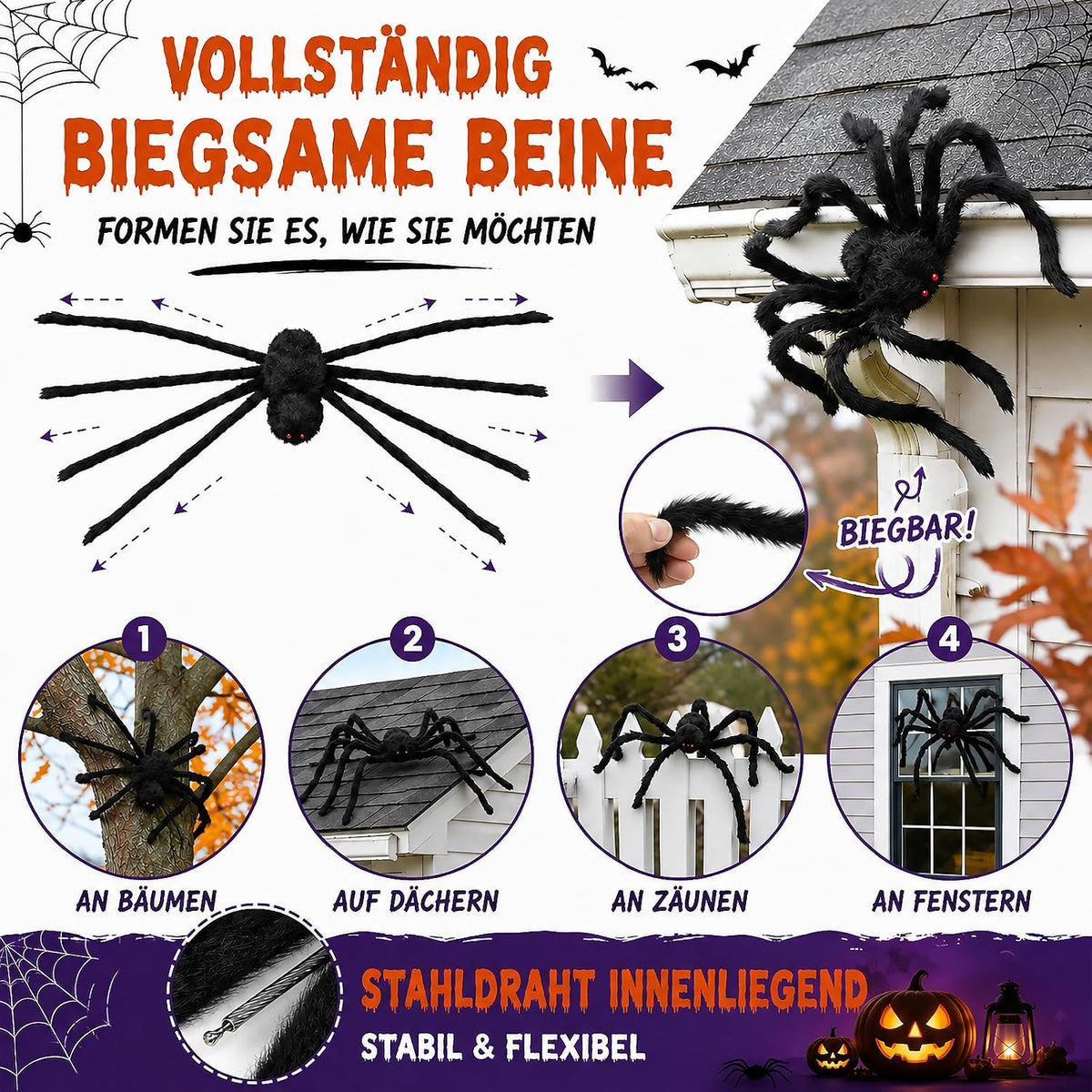 Große Halloween Spinne Deko 200cm 2er-Set