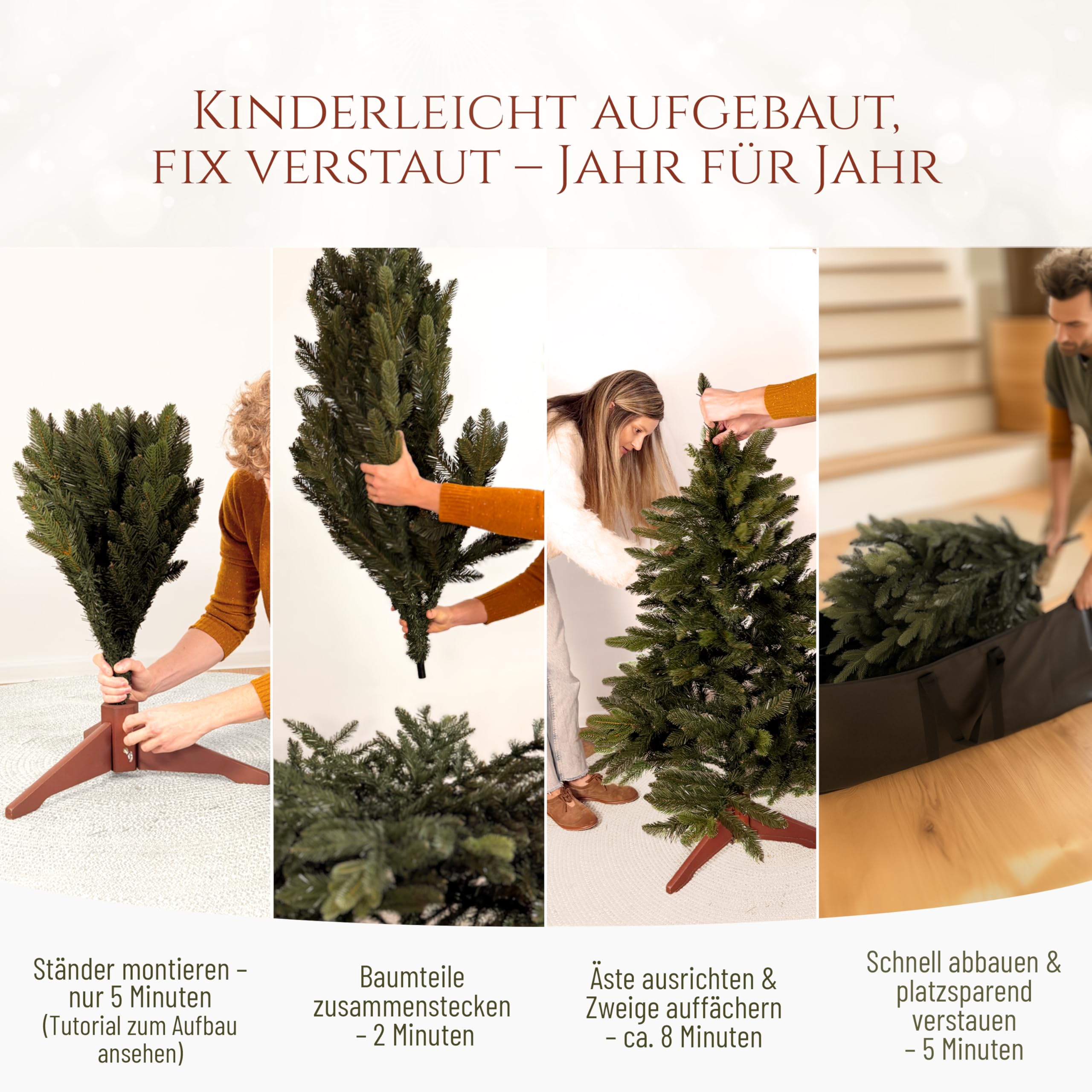 Künstlicher Weihnachtsbaum - Lebensähnlich, besonders dichte Äste, einfache Montage, Made in EU - Premium-Weihnachtsbaum mit Holzständer, Aufbewahrungstasche - Eleganter Nordmann Tannenbaum / Varianten Auswahl - Restposten Neu & OVP!