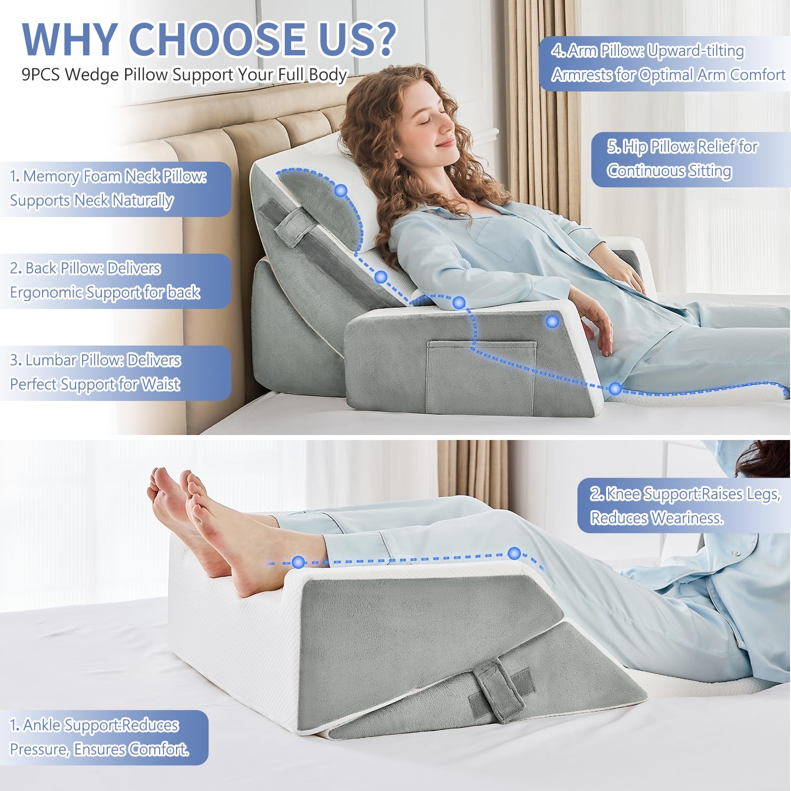9PCS Orthopädische Bett Keil Kissen Set,Post Chirurgie Schaum Kissen für Körper, Rücken und Beine Schmerzlinderung,Justierbare Stützkissen mit Säure Reflux Bed Wedge Memory Foam Durchgehend dunkelgrau