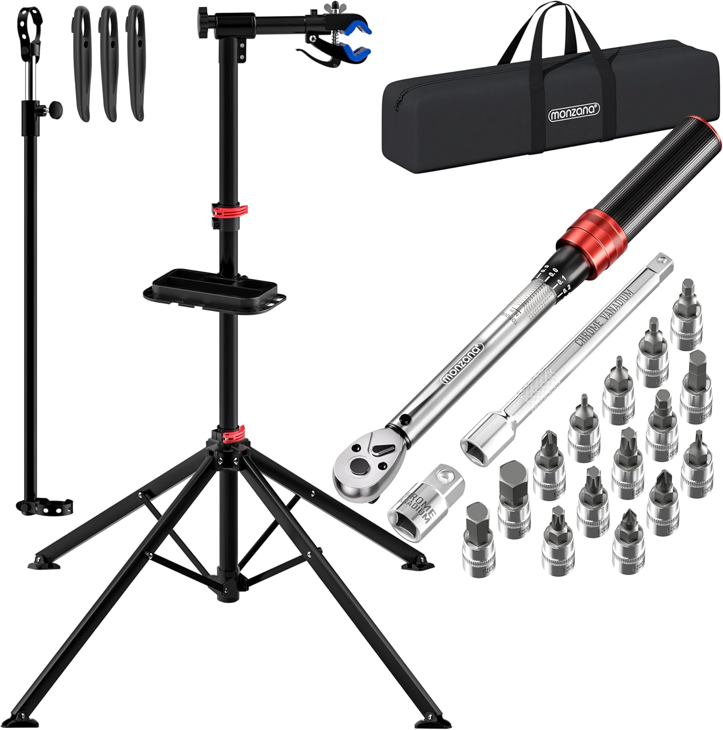 Fahrradmontageständer 30 kg mit Drehmomentschlüssel 1/4 Zoll Set Profi klappbar Tragetasche Reifenheber 1-25 Nm Bitset Transportbox