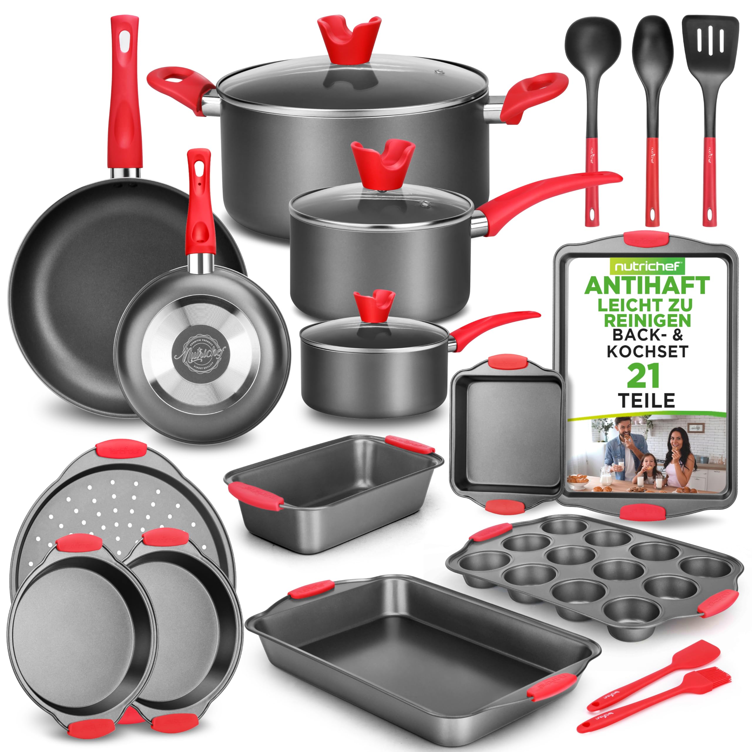 Töpfe & Pfannen Set, 21-teiliges Anti-Stick-Kochen und Backset mit Muffinform, Brot & Pizza Tray, Utensils, für Gas, Elektrik & Keramik, für moderne Haushalte und Hobbybäcker, Schwarz