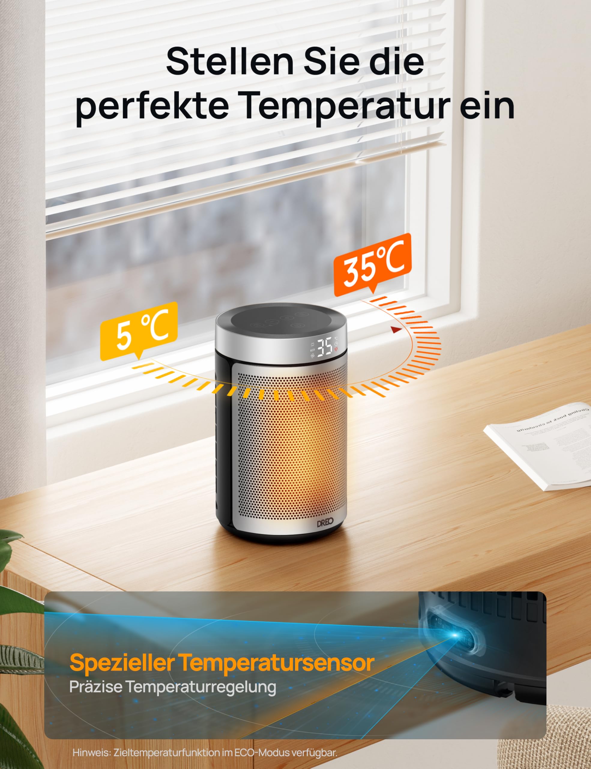 Energiesparender Heizlüfter, 34 dB Leiser 1500W Elektrischer PTC Keramik, Thermostat, Überhitzungs- & Kippschutz, 12 Std. Timer, Elektroheizung für Räume Schlafzimmer, Heater 316, Gold
