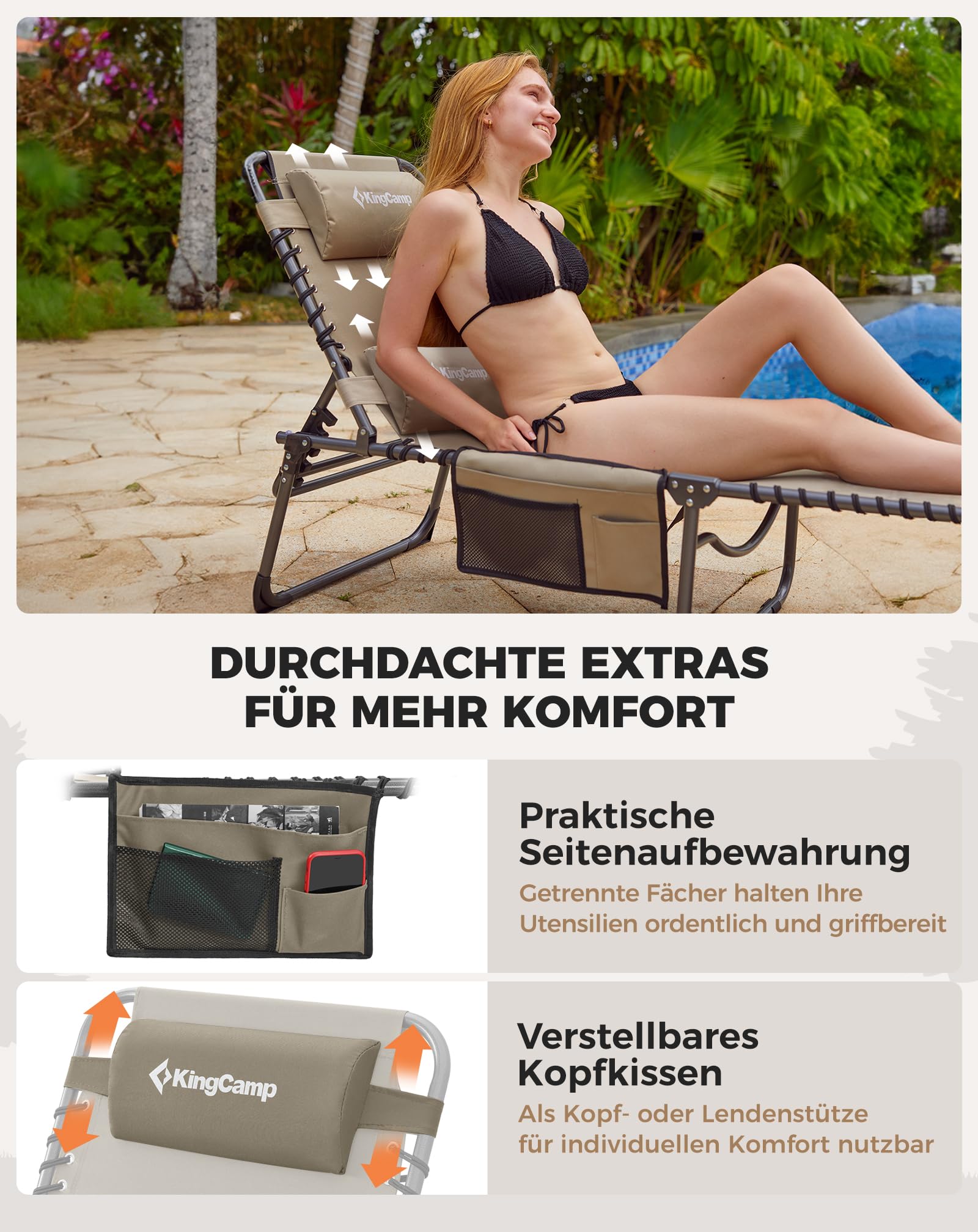 Sonnenliege Klappbar 5-Verstellbare, bis 180 kg, 2er Set, Blau | Gartenliege Klappbar, mit Kopfstütze & Seitentasche, Sonnenliege Wetterfest, Strandliege für Garten Terrasse Pool Camping