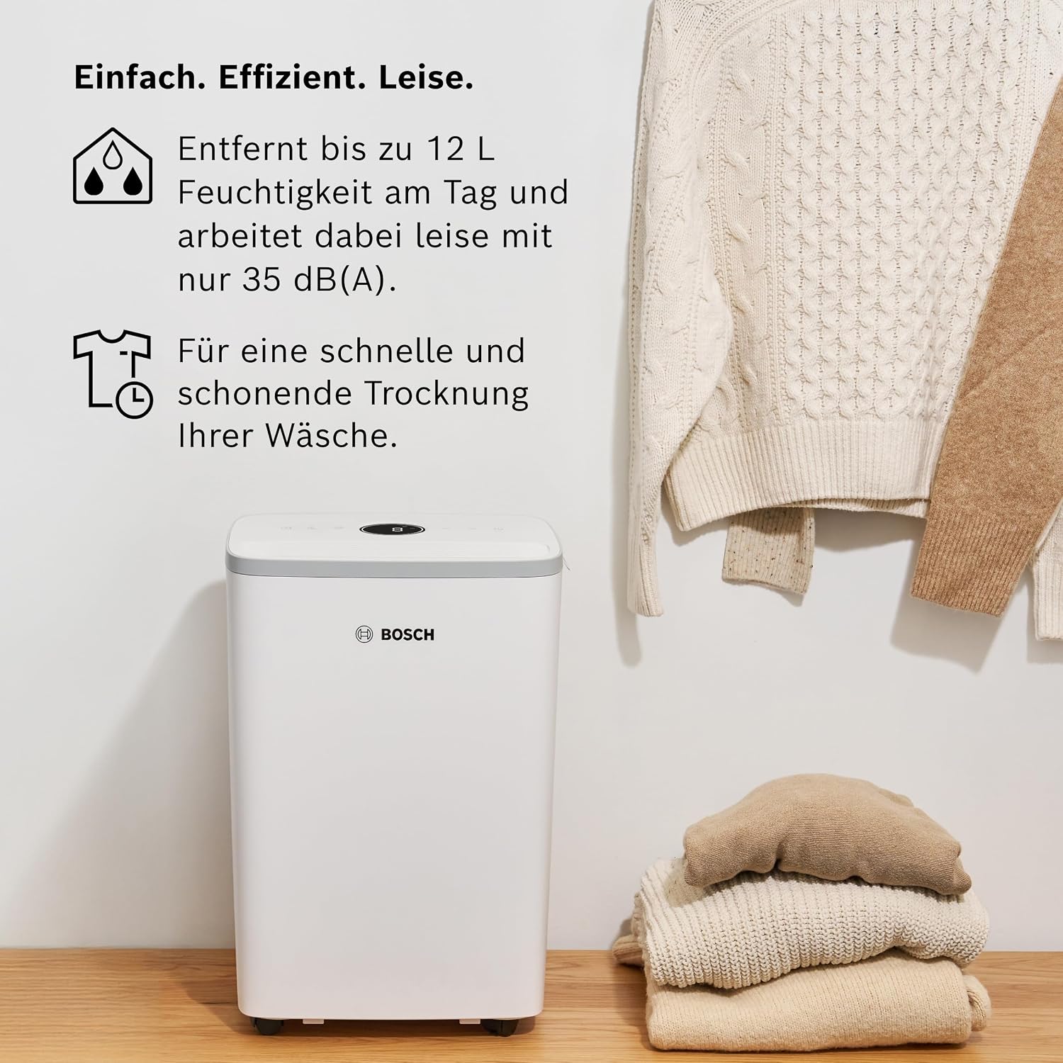Bosch Dry, Luftentfeuchter, Für Räume bis zu 33 m² | Einfach, Effizient, Leise, Ideal für Deine Wohnung & die schnelle Trocknung Deiner Wäsche