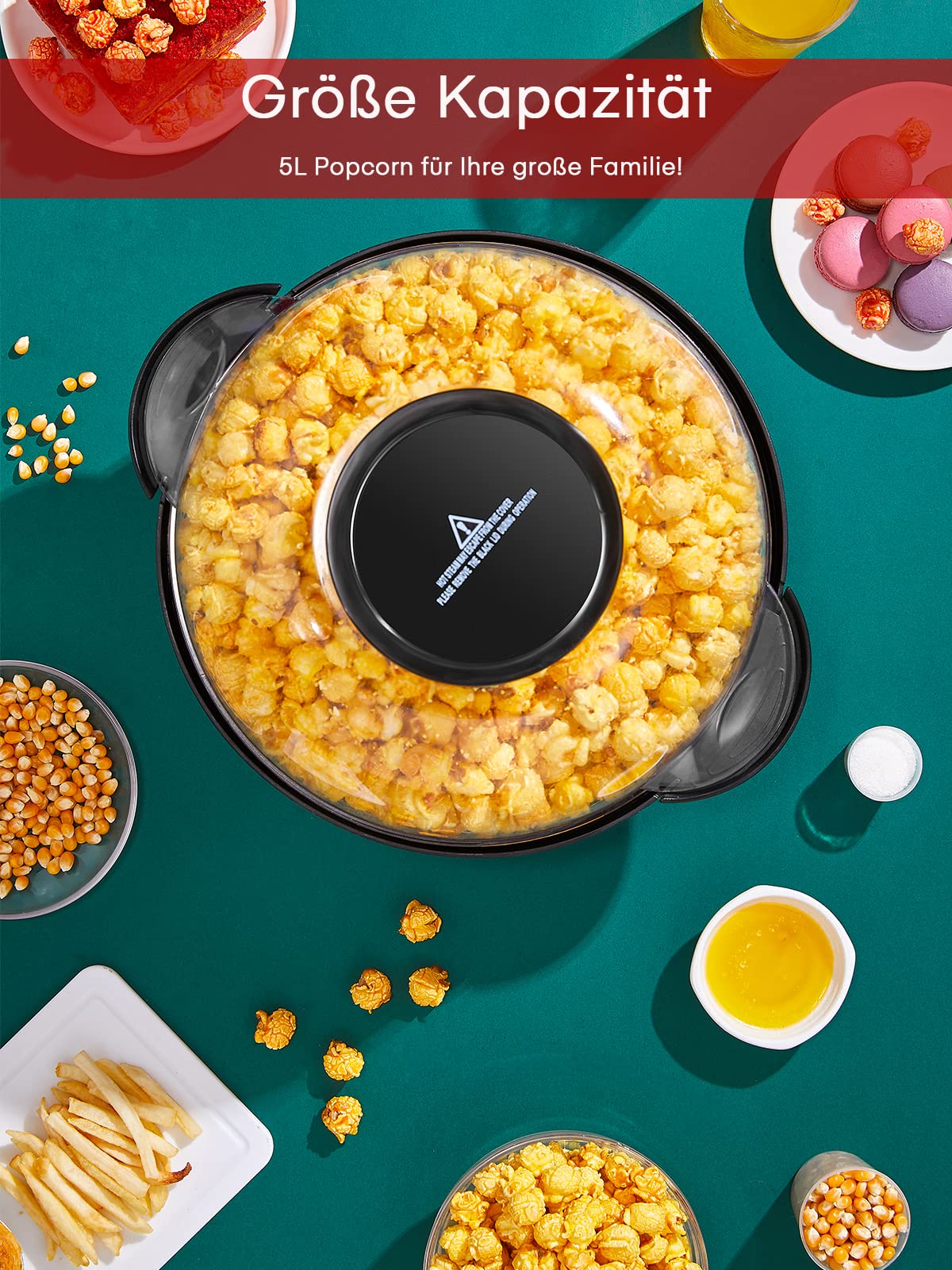 Popcornmaschine,5.5L Popcorn Maker für Zuhause,Popcorn Machine mit Zucker, Butter, Antihaftbeschichtung und Abnehmbares Heizfläche, Stille und Schnelle, Großer Deckel als Servierschale (RED)
