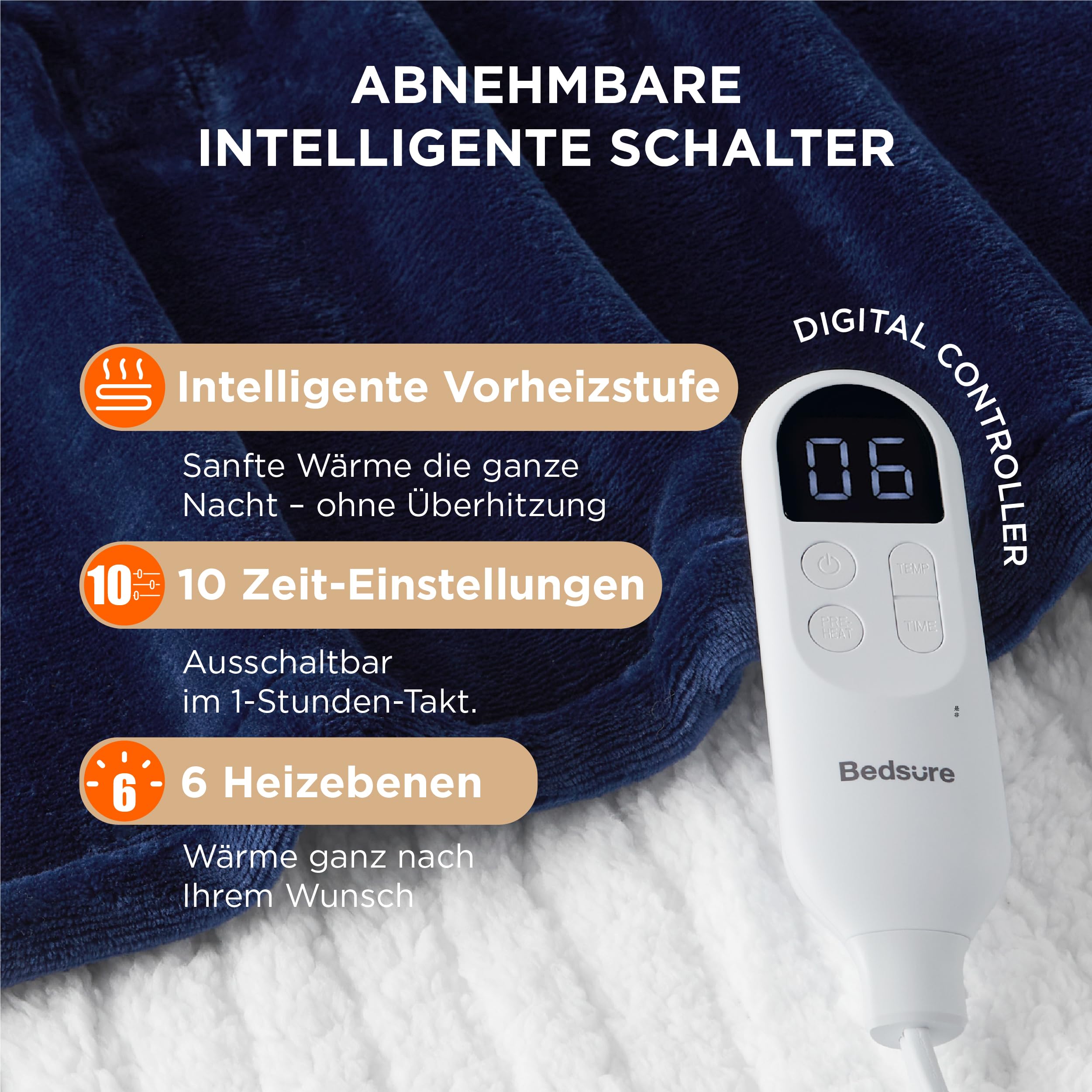 Elektrische Decke mit automatischem Abschalten - Wärmedecke mit 6 Wärmeeinstellungen und 10-Stunden-Timer, bis zu 8 Stunden Überhitzungsschutz, elektrische Kuscheldecke für Zuhause und Büro, 130 x 180 cm